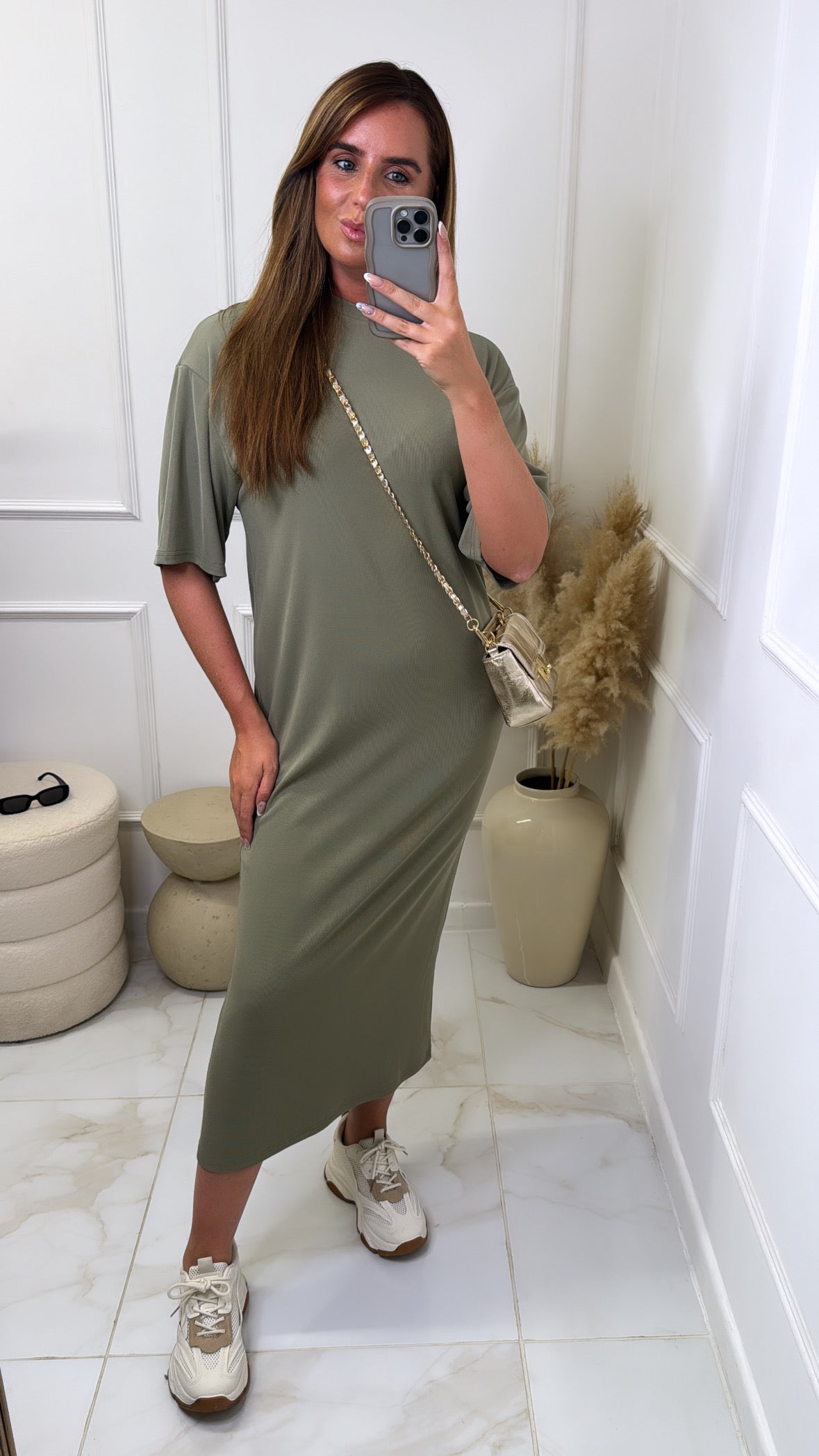 COURTNEY khaki fine knit midi dress