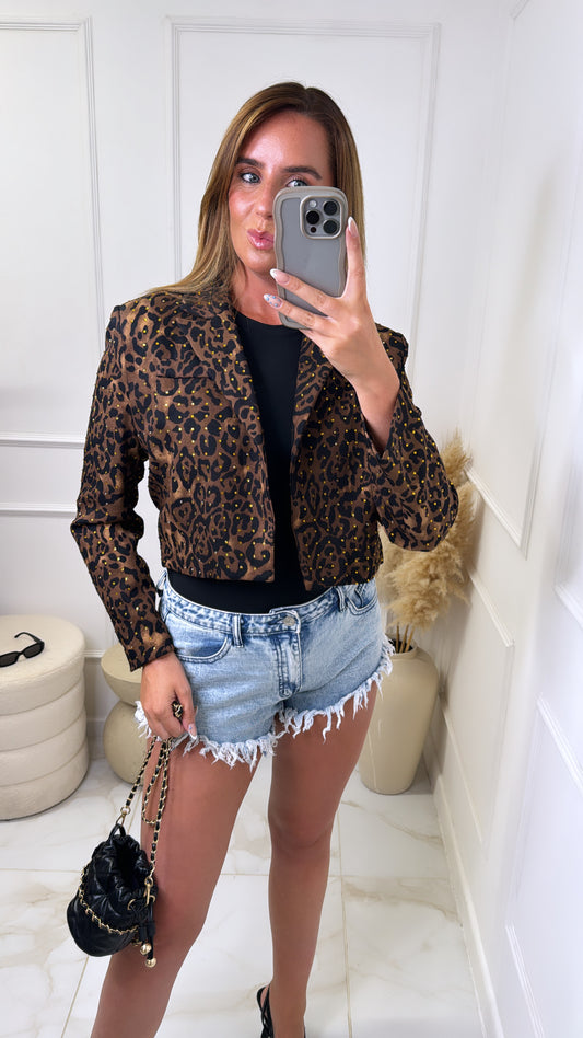 IVANNA brown leopard studded blazer