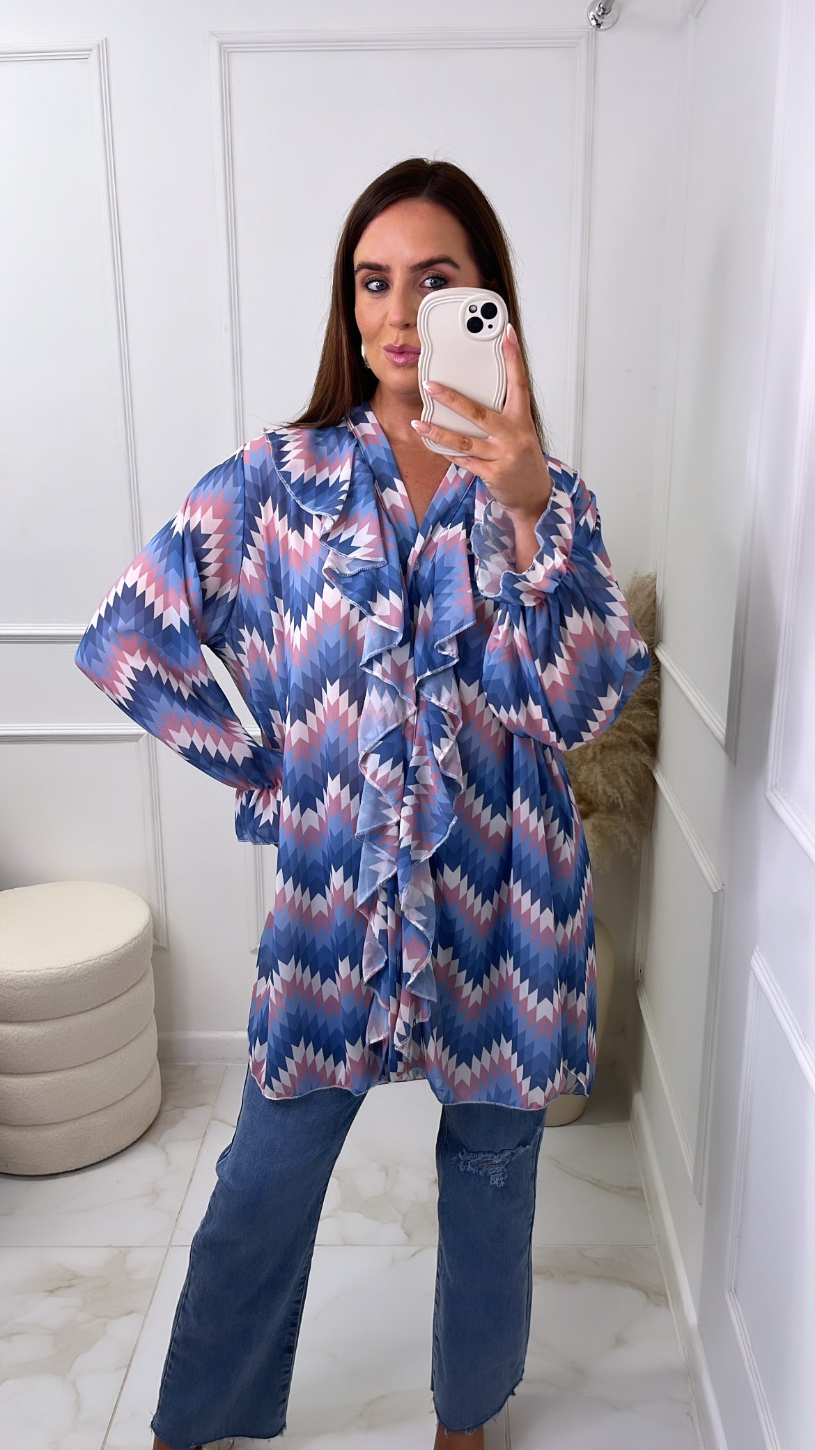 RENEE blue aztec frill oversized blouse