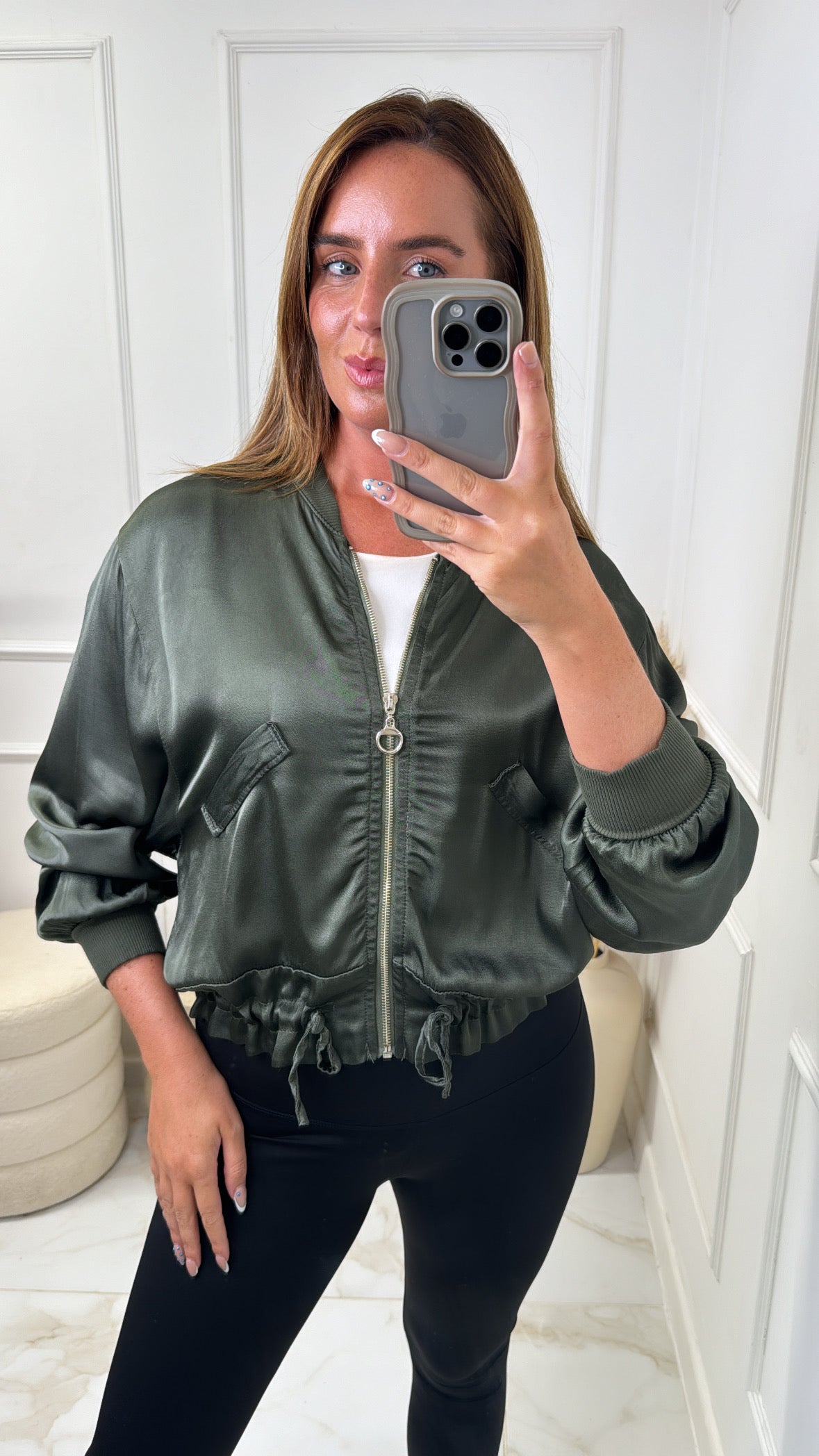 AALIYAH khaki satin bomber jacket