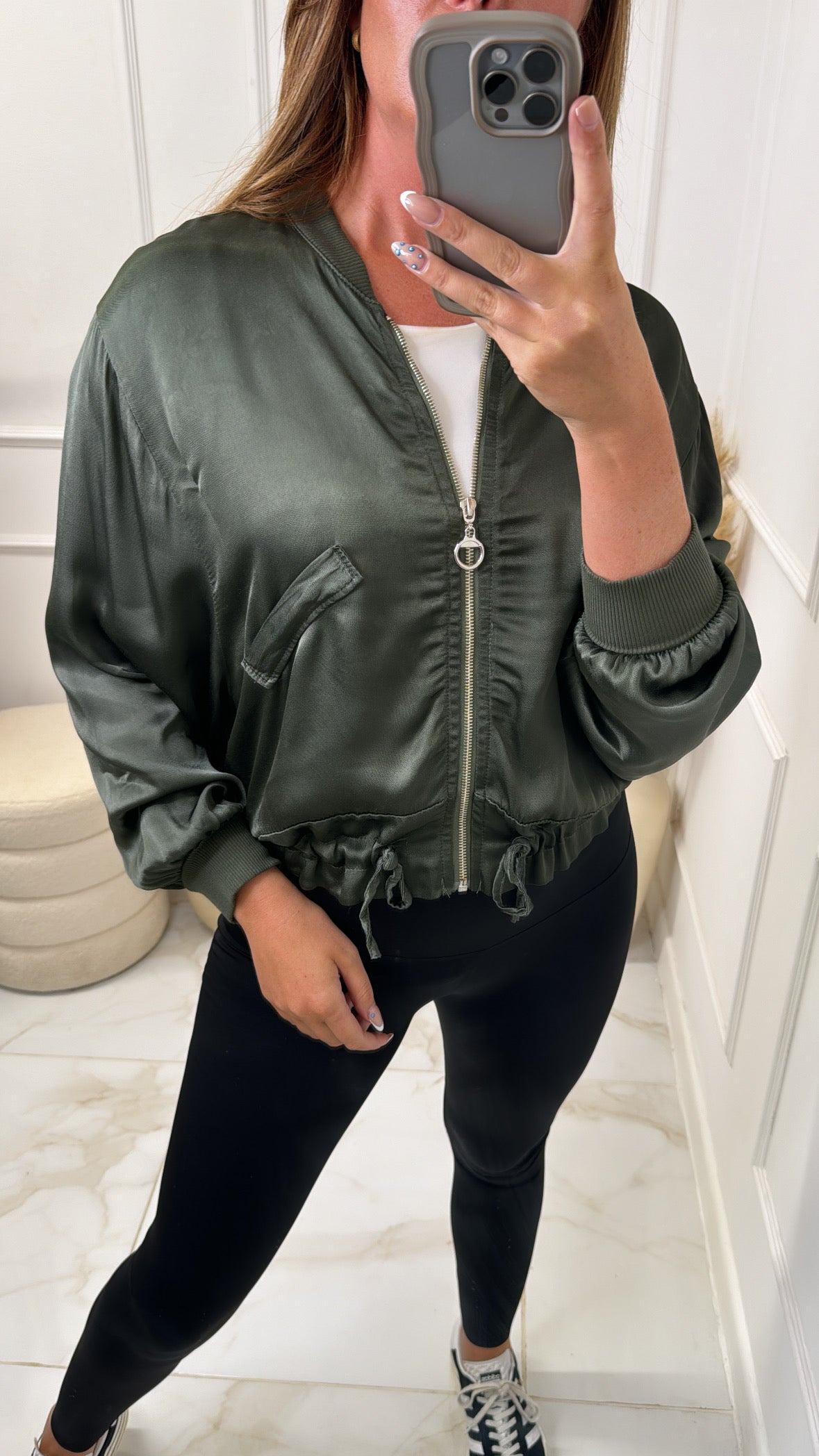 AALIYAH khaki satin bomber jacket