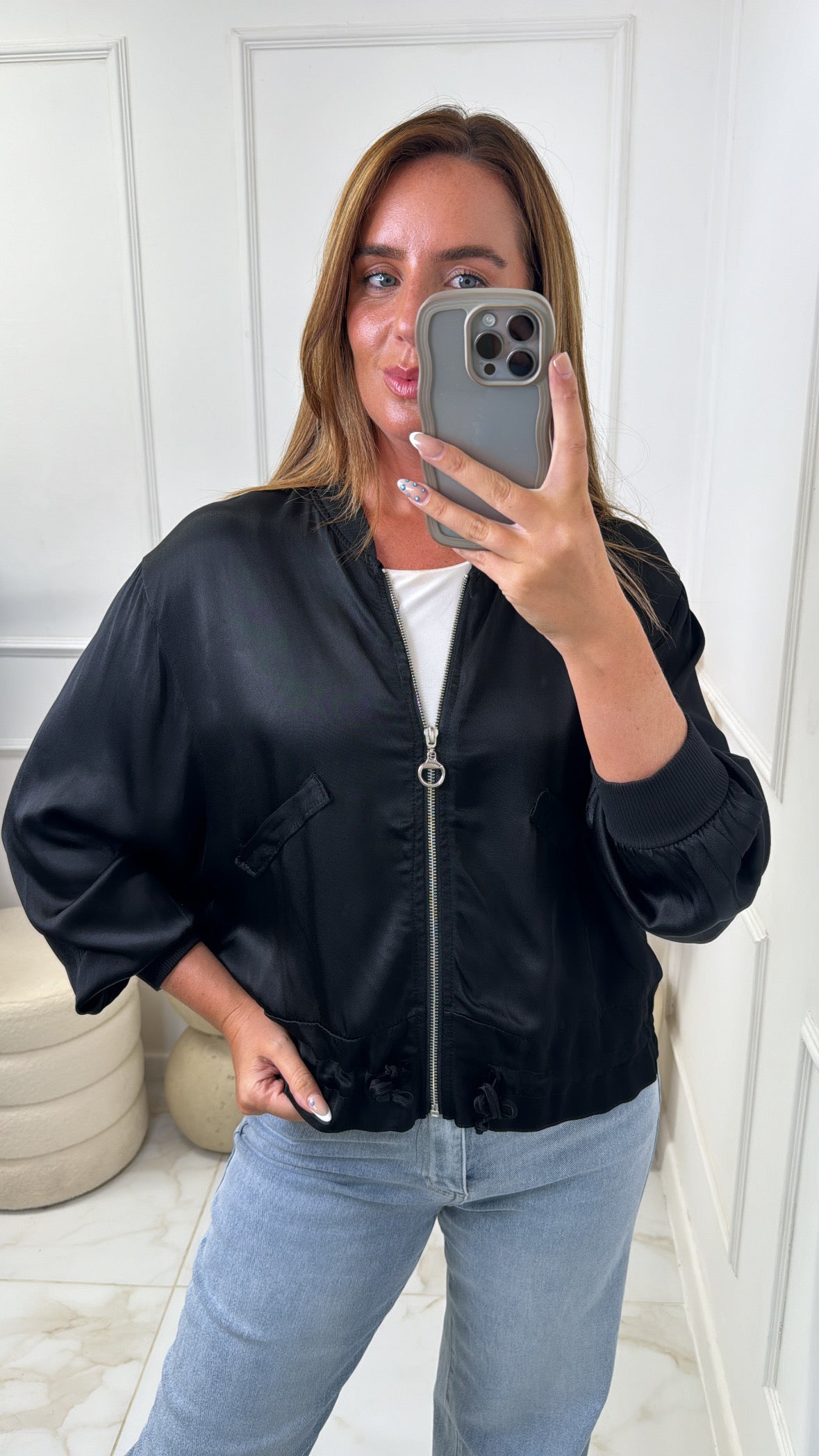 AALIYAH black satin bomber jacket