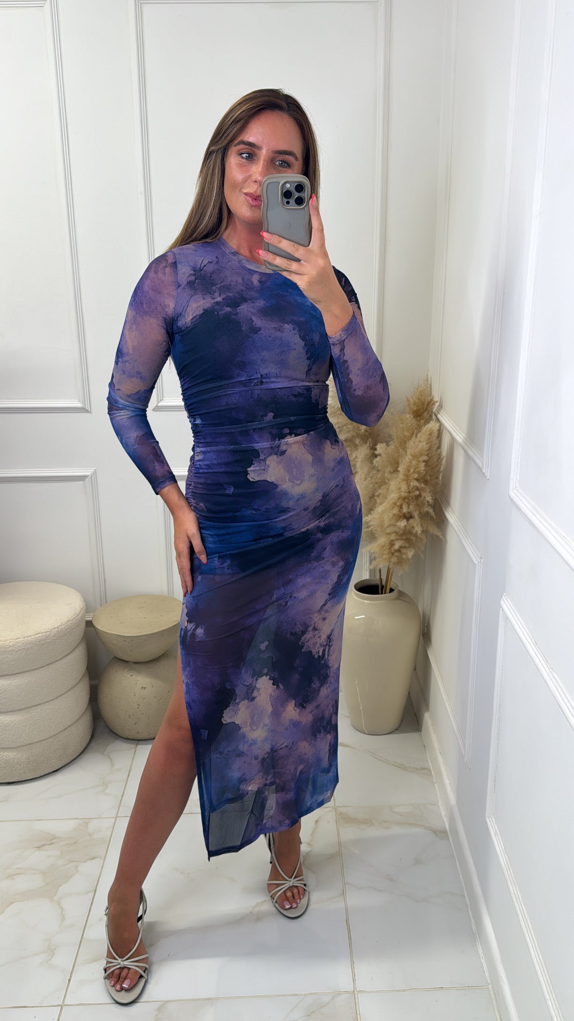 GLORIA blue tie dye mesh midi dress