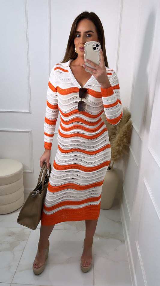 ANNA orange knitted midi dress