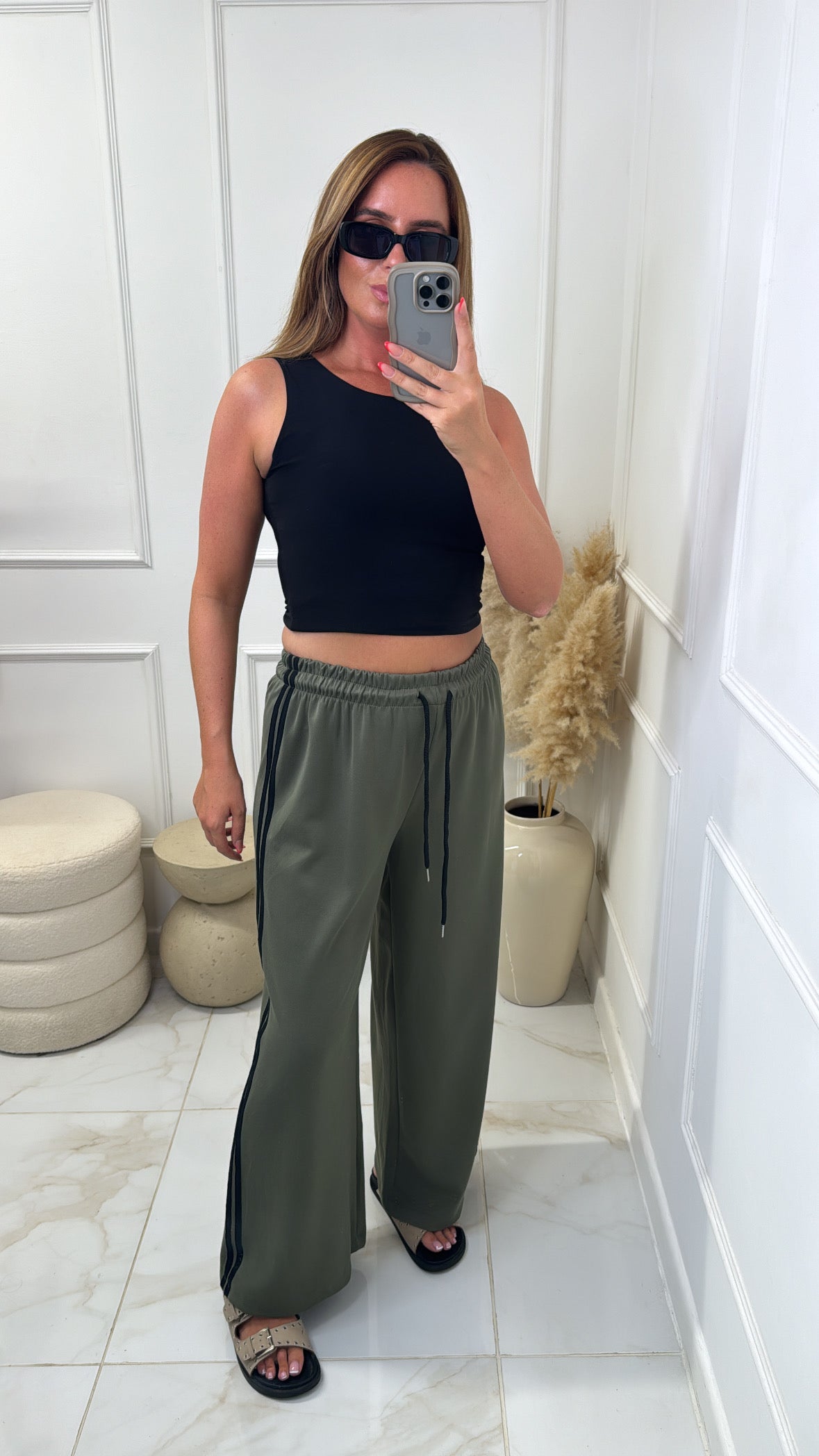 ELSIE khaki contrast stripe wide leg trousers