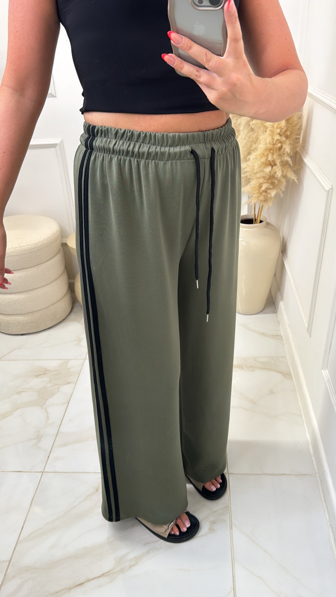 ELSIE khaki contrast stripe wide leg trousers