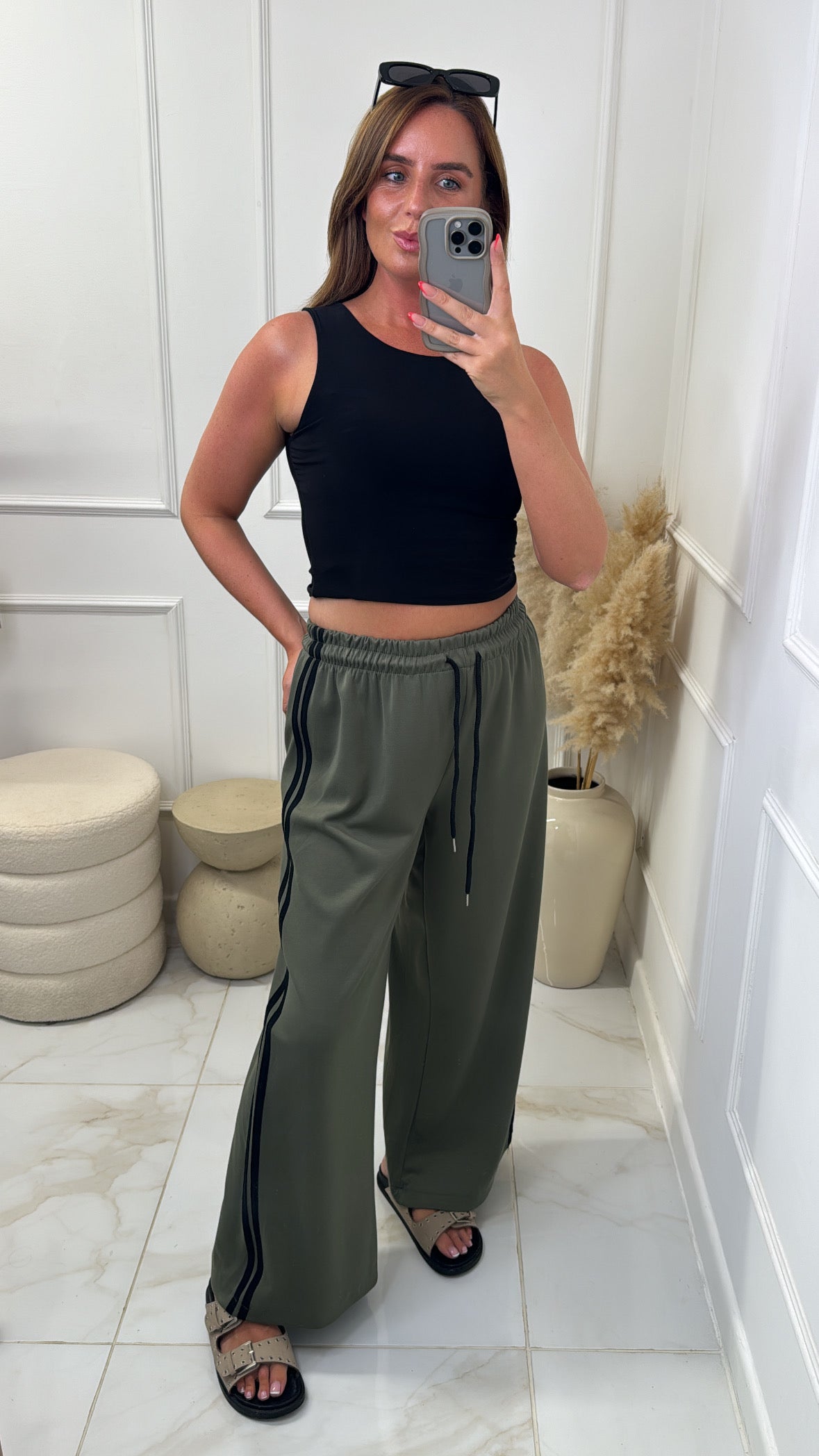 ELSIE khaki contrast stripe wide leg trousers