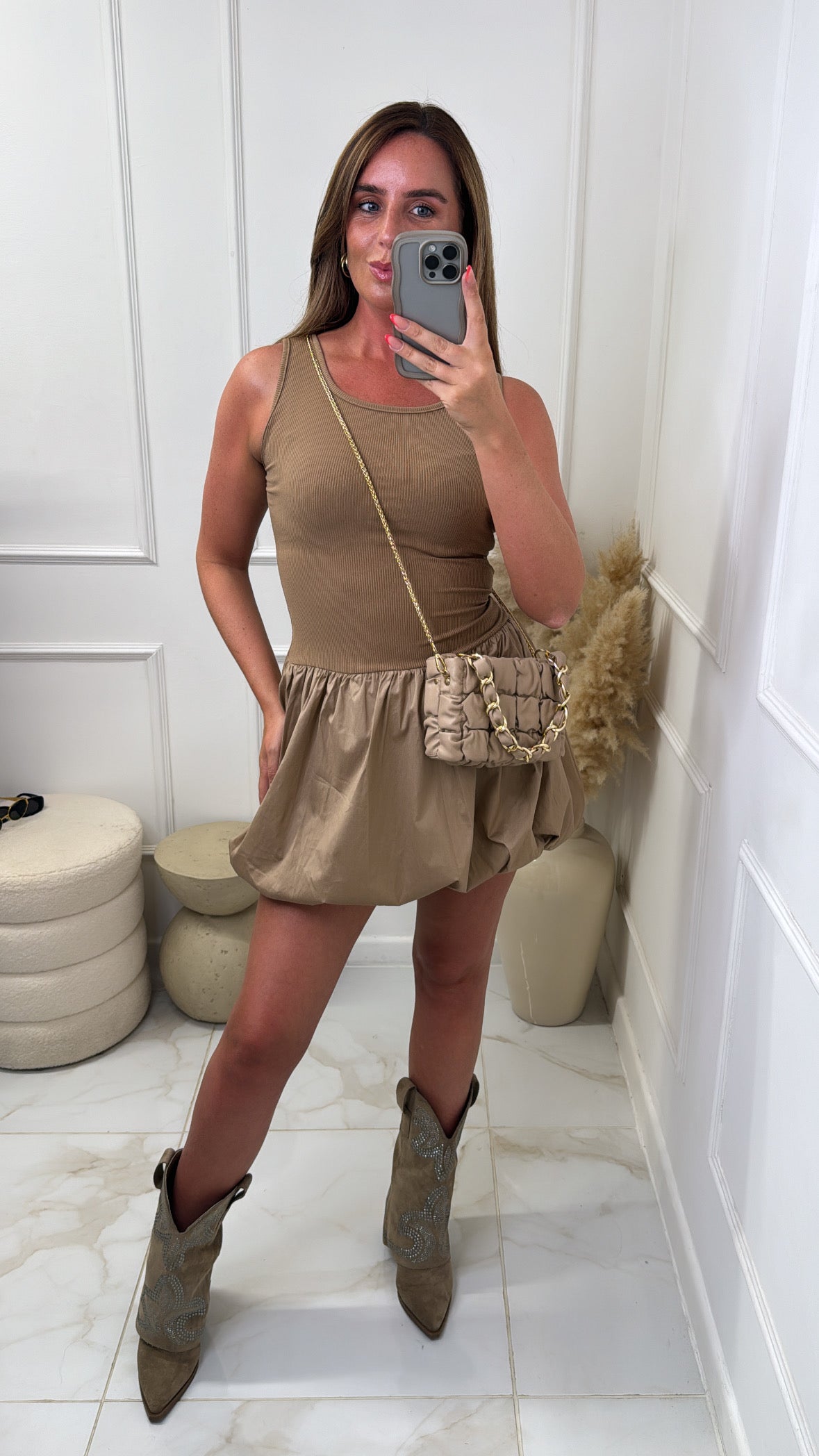 LEXIE camel puff ball mini dress