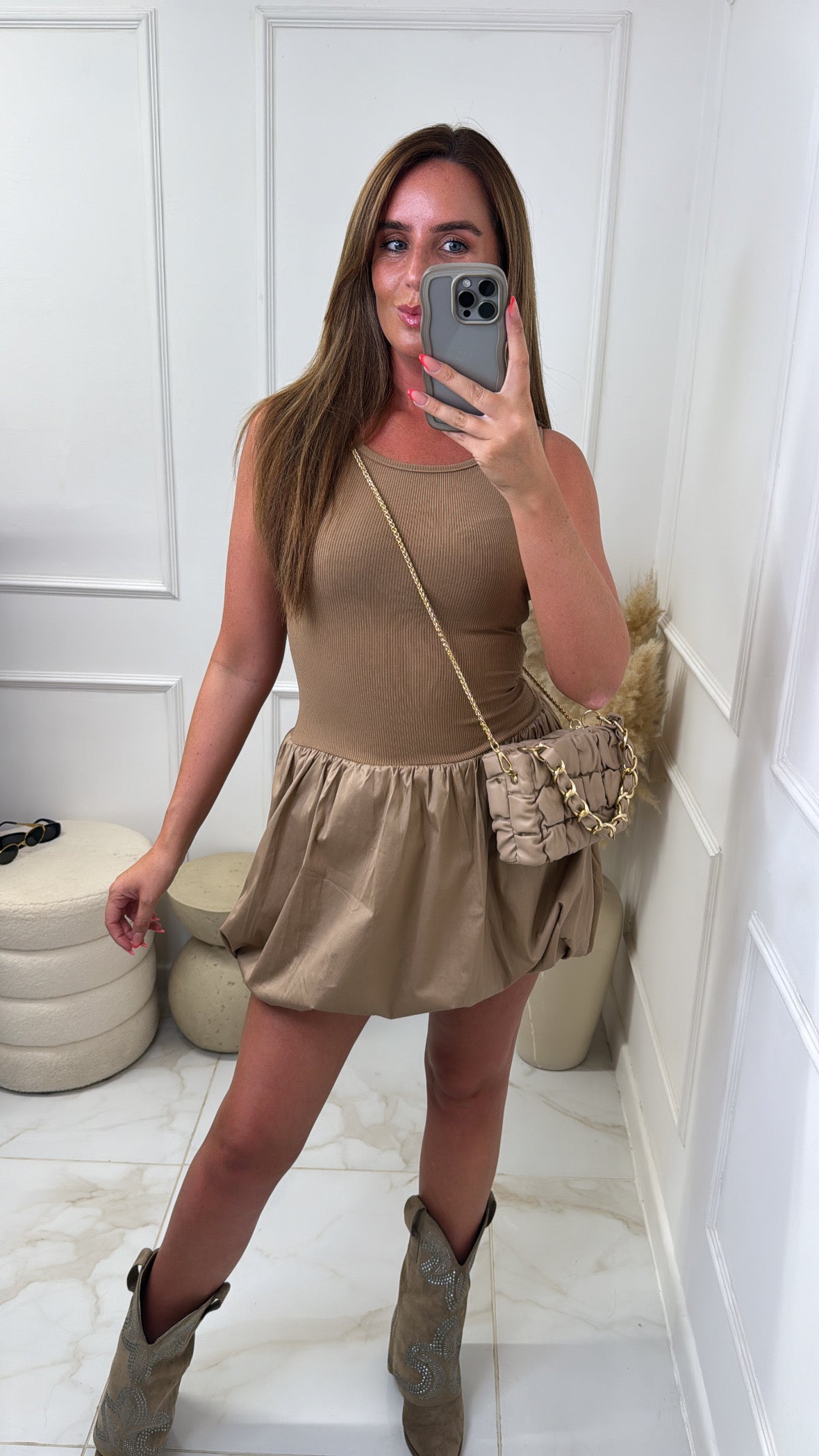 LEXIE camel puff ball mini dress