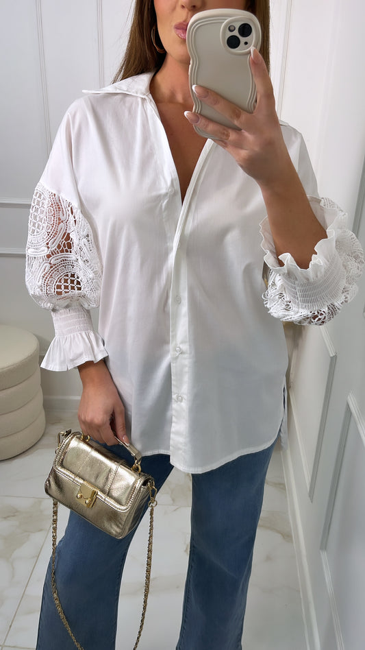 SARAH white lace sleeve oversized shirt