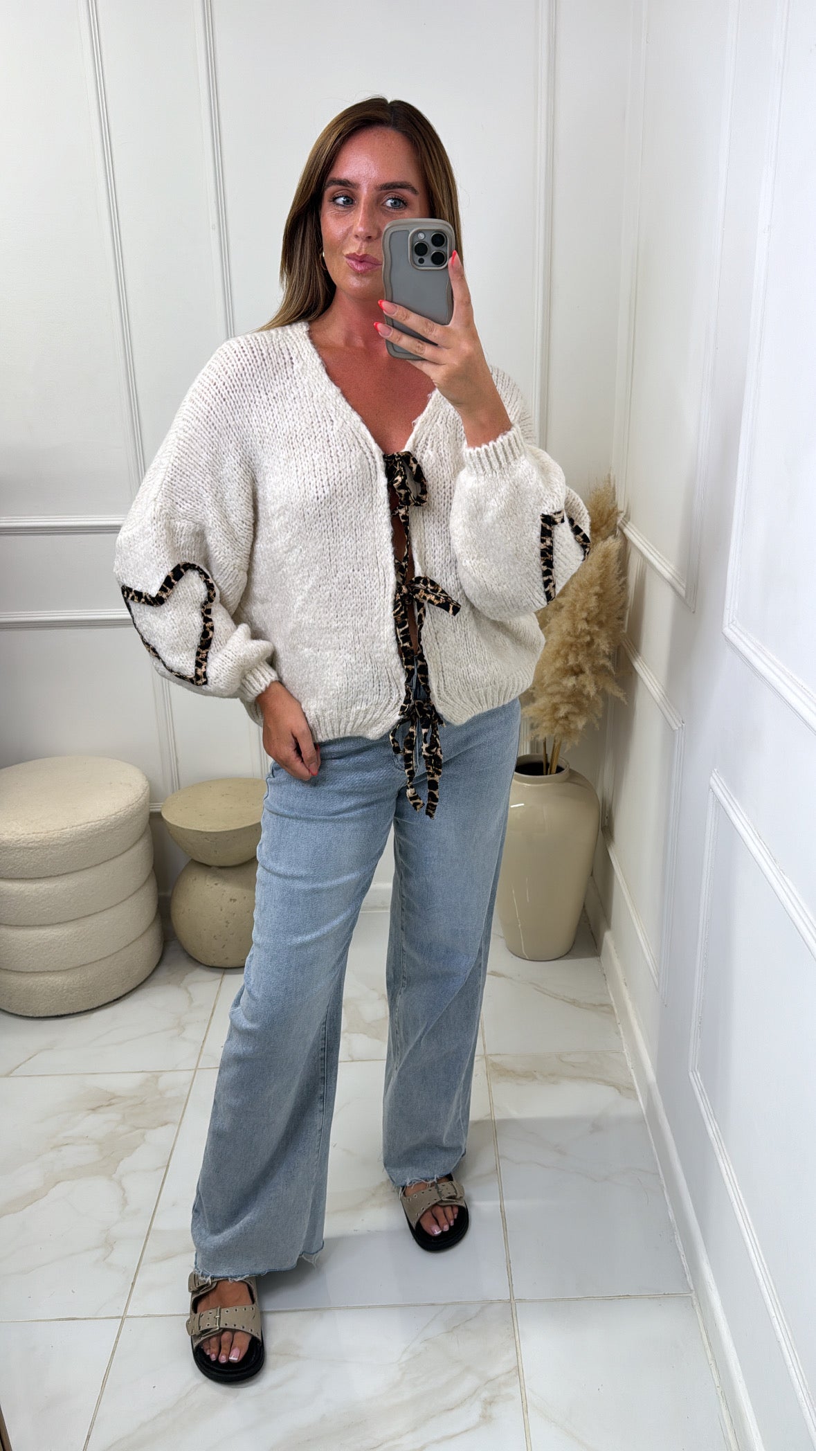 MILLIE cream tie front leopard detail cardigan