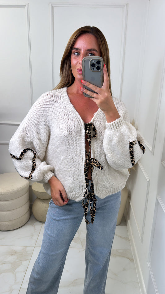 MILLIE cream tie front leopard detail cardigan