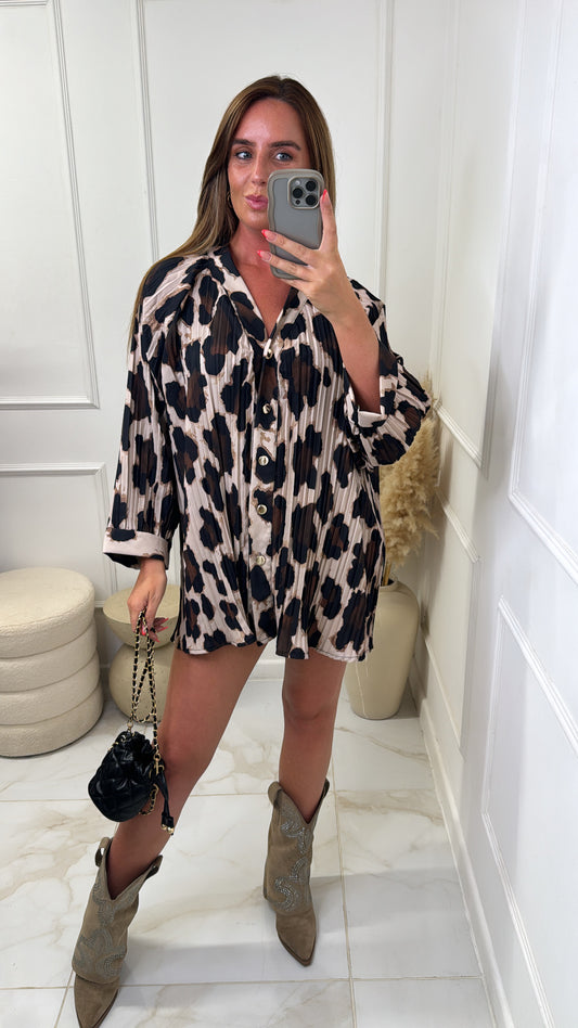 BECCA white leopard print pleated blouse