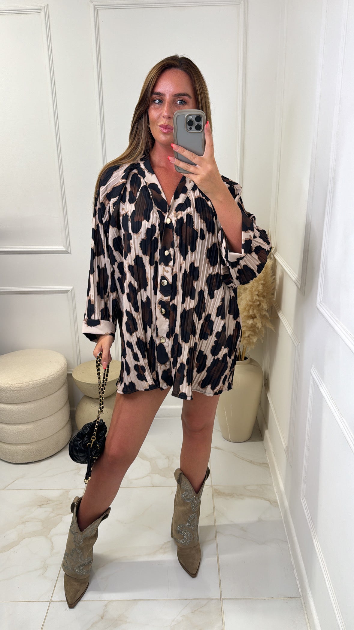 BECCA white leopard print pleated blouse