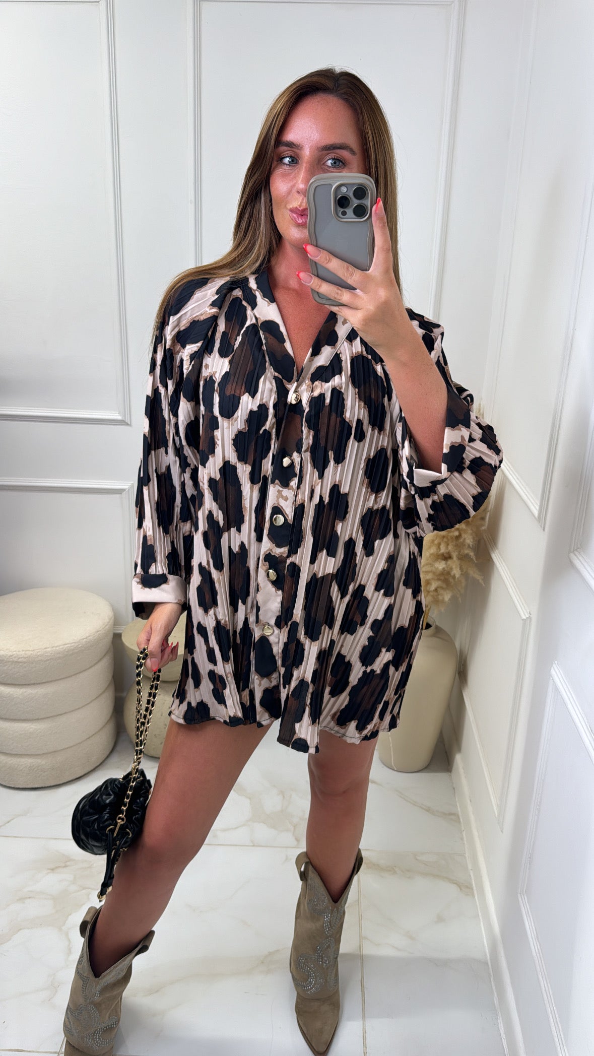 BECCA white leopard print pleated blouse