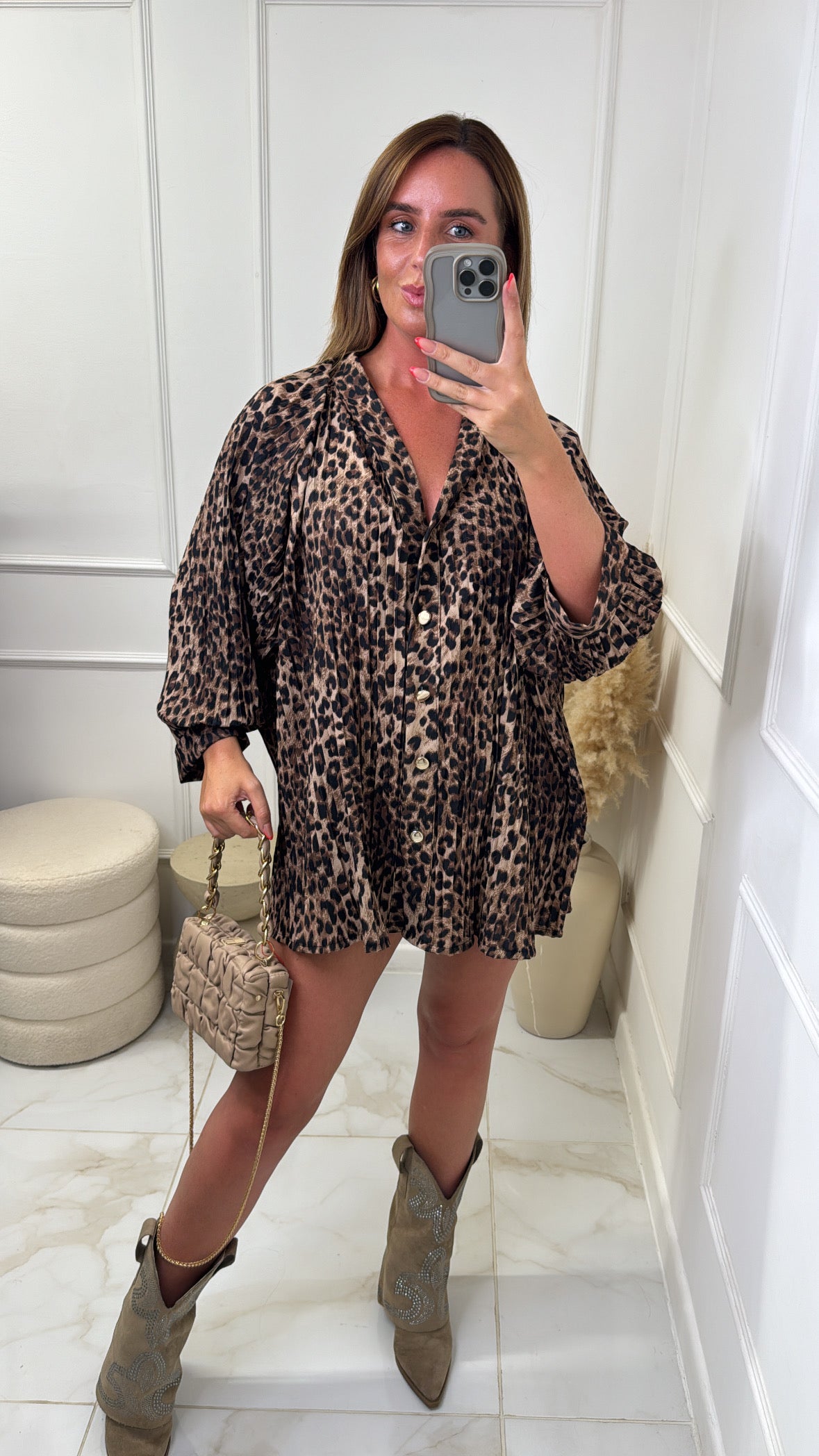 BECCA leopard print pleated blouse