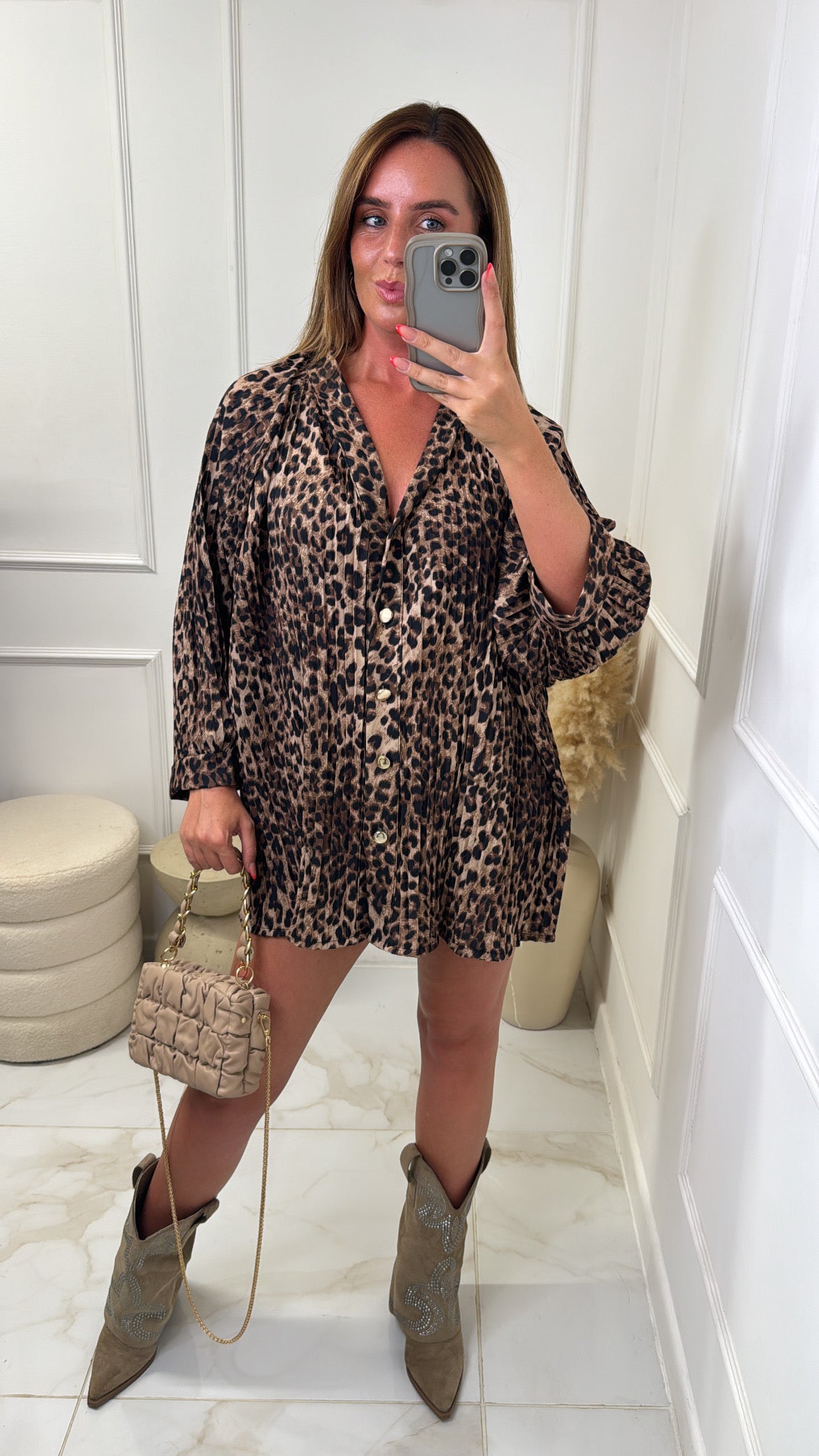 BECCA leopard print pleated blouse