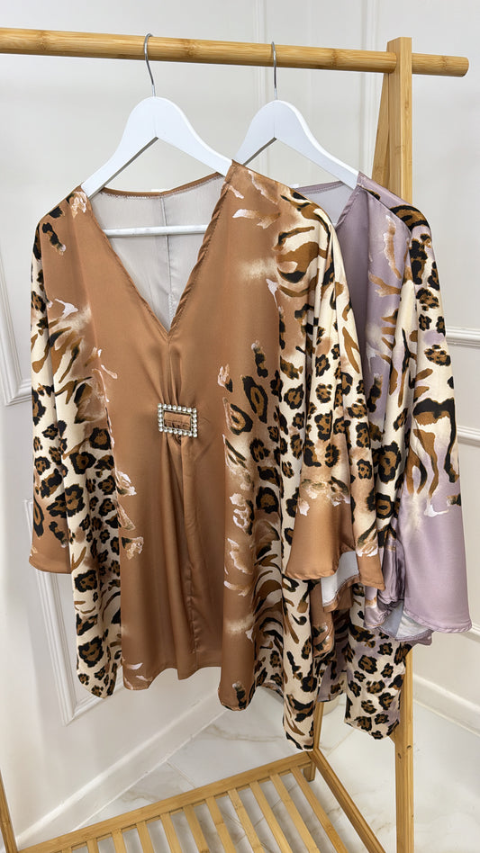 MAE camel leopard printed diamond buckle top