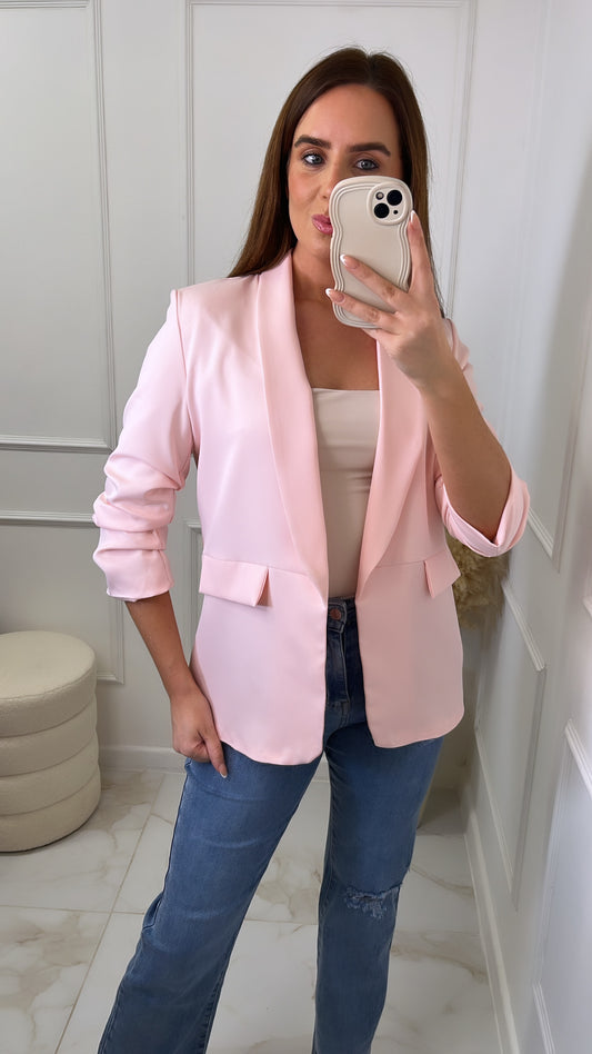 LACEY baby pink ruched sleeve blazer