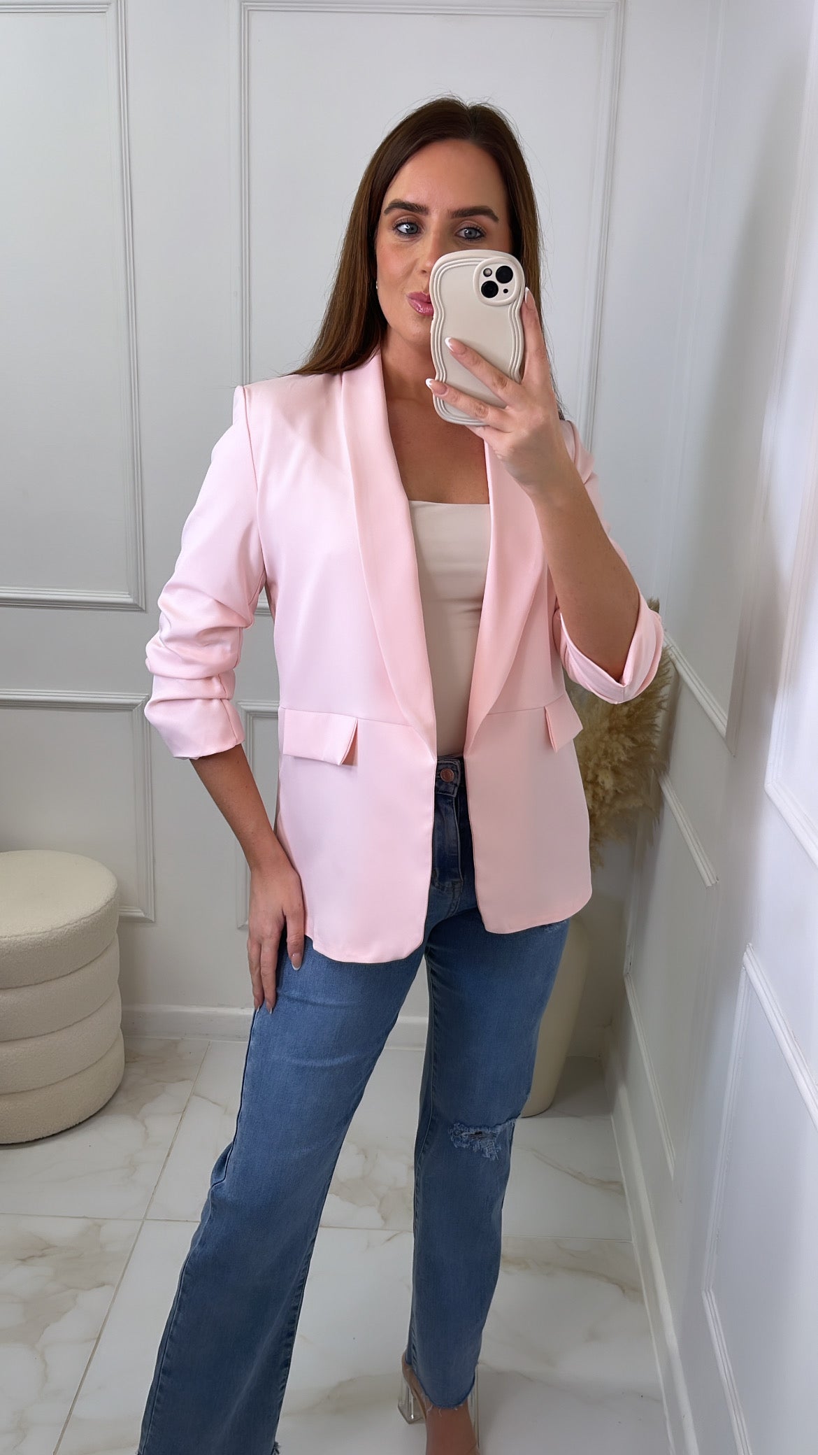 LACEY baby pink ruched sleeve blazer