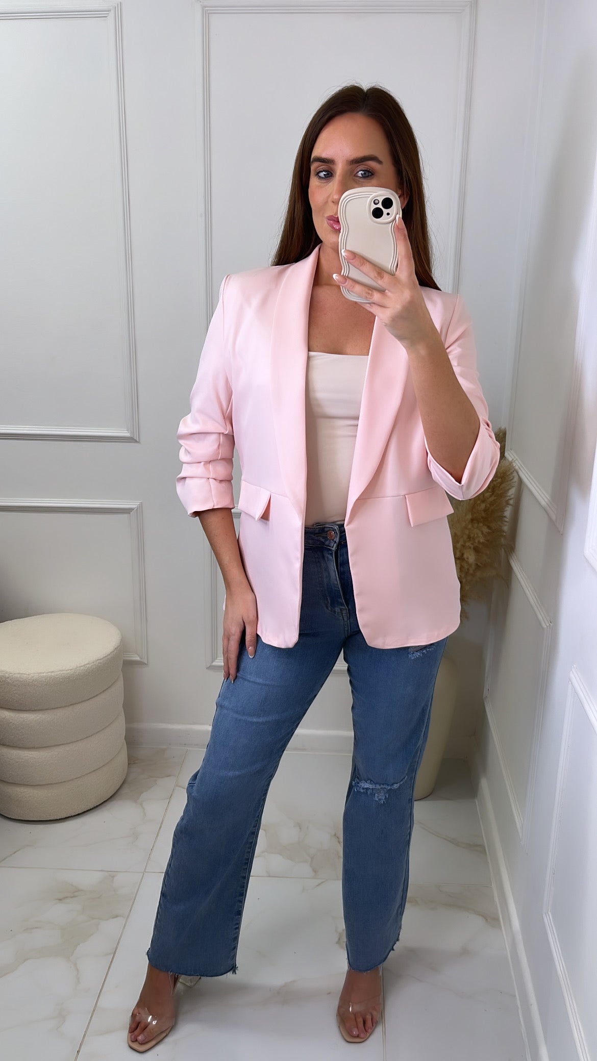 LACEY baby pink ruched sleeve blazer