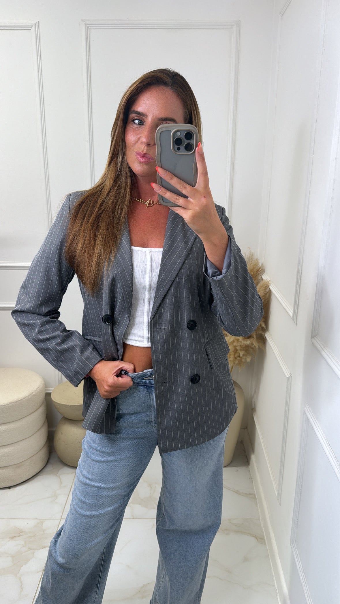 SINEAD grey pinstripe longline blazer