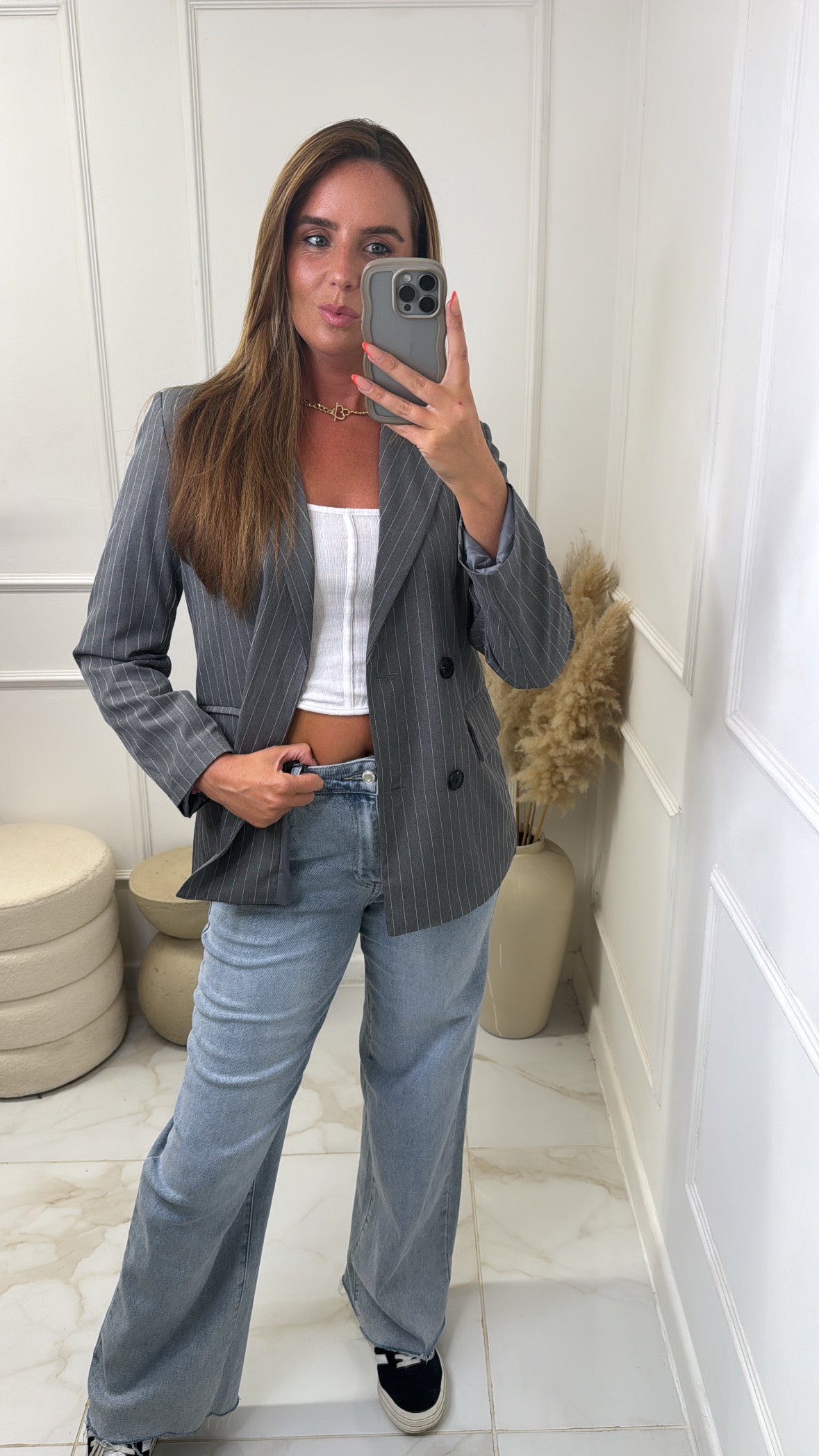 SINEAD grey pinstripe longline blazer