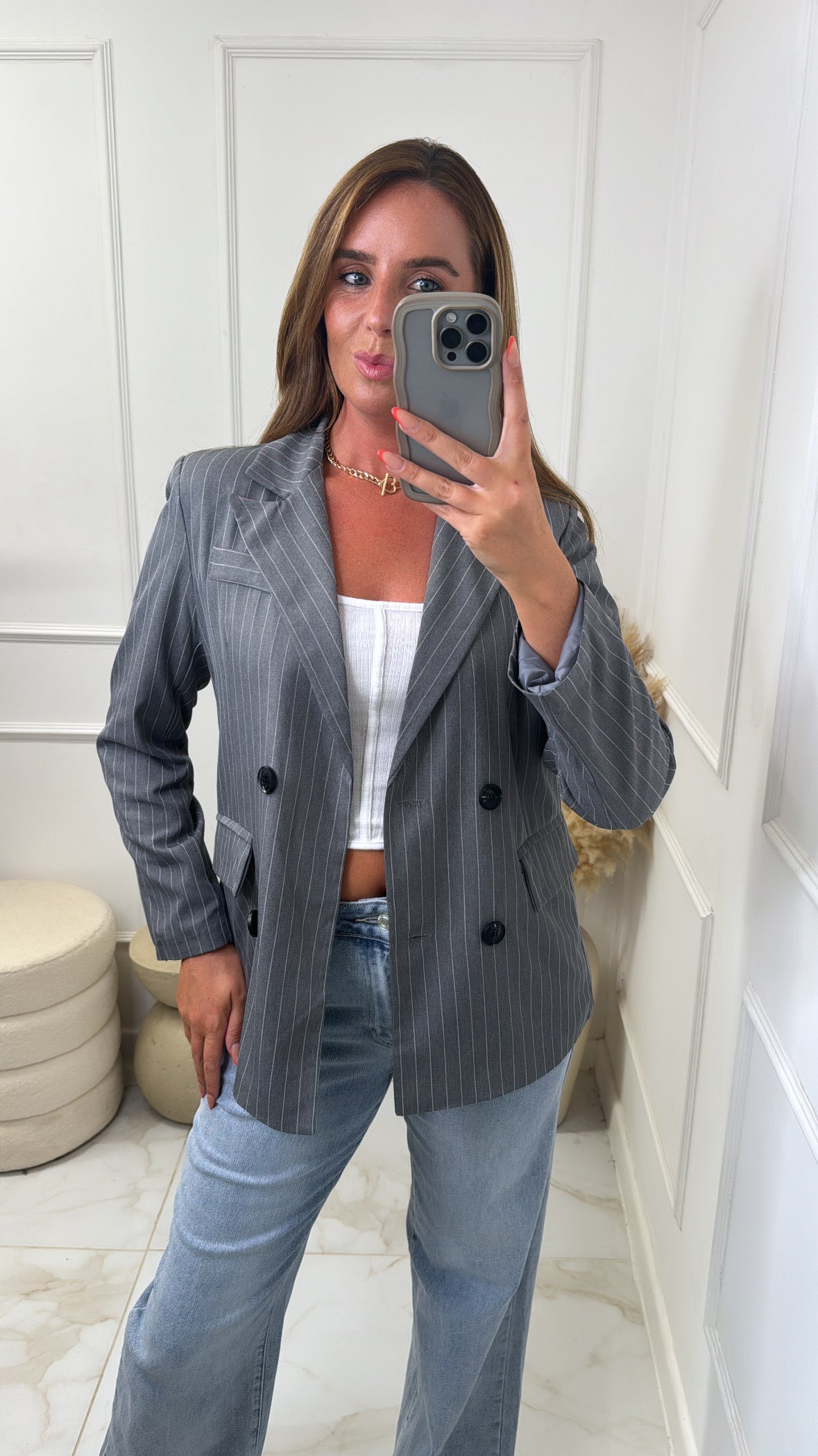 SINEAD grey pinstripe longline blazer