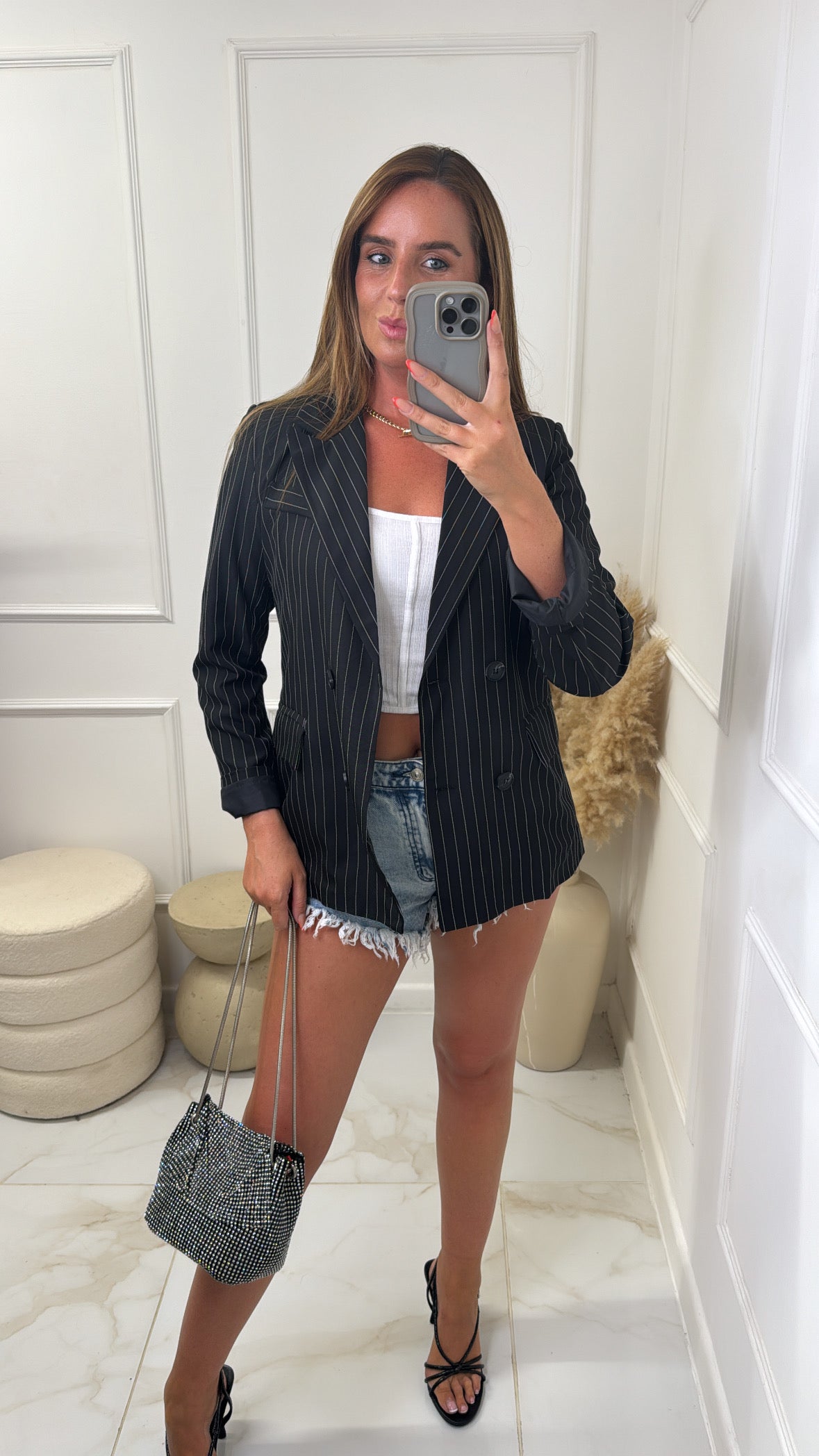 SINEAD black pinstripe longline blazer