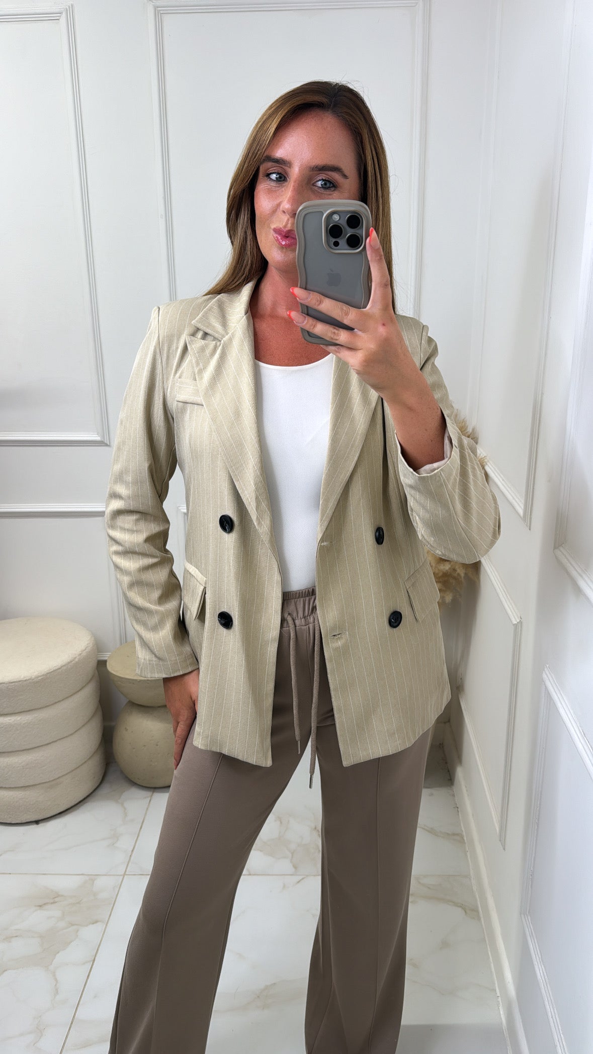 SINEAD beige pinstripe longline blazer