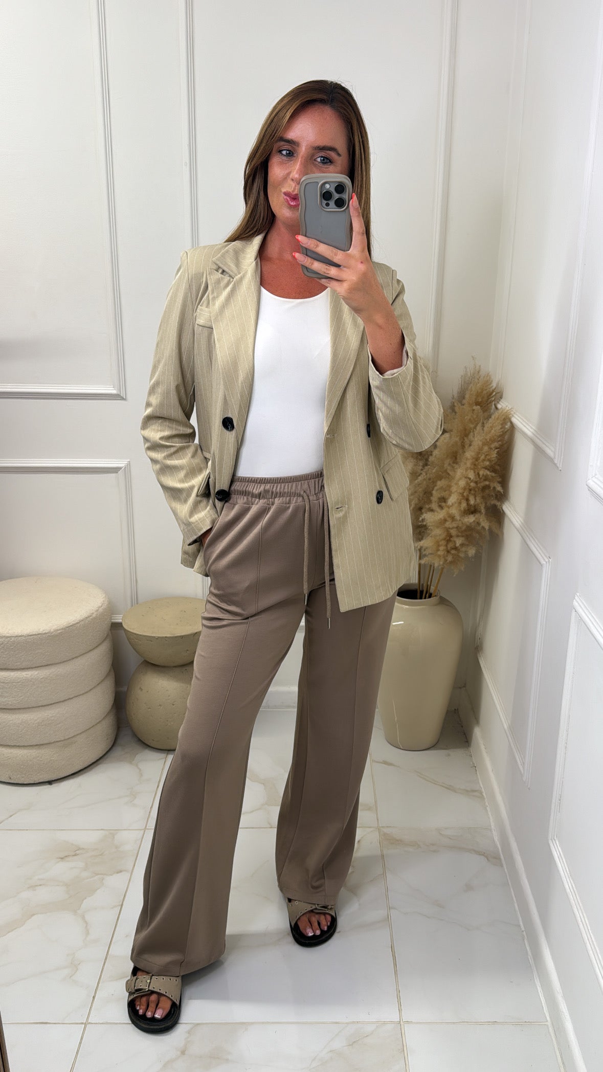 SINEAD beige pinstripe longline blazer