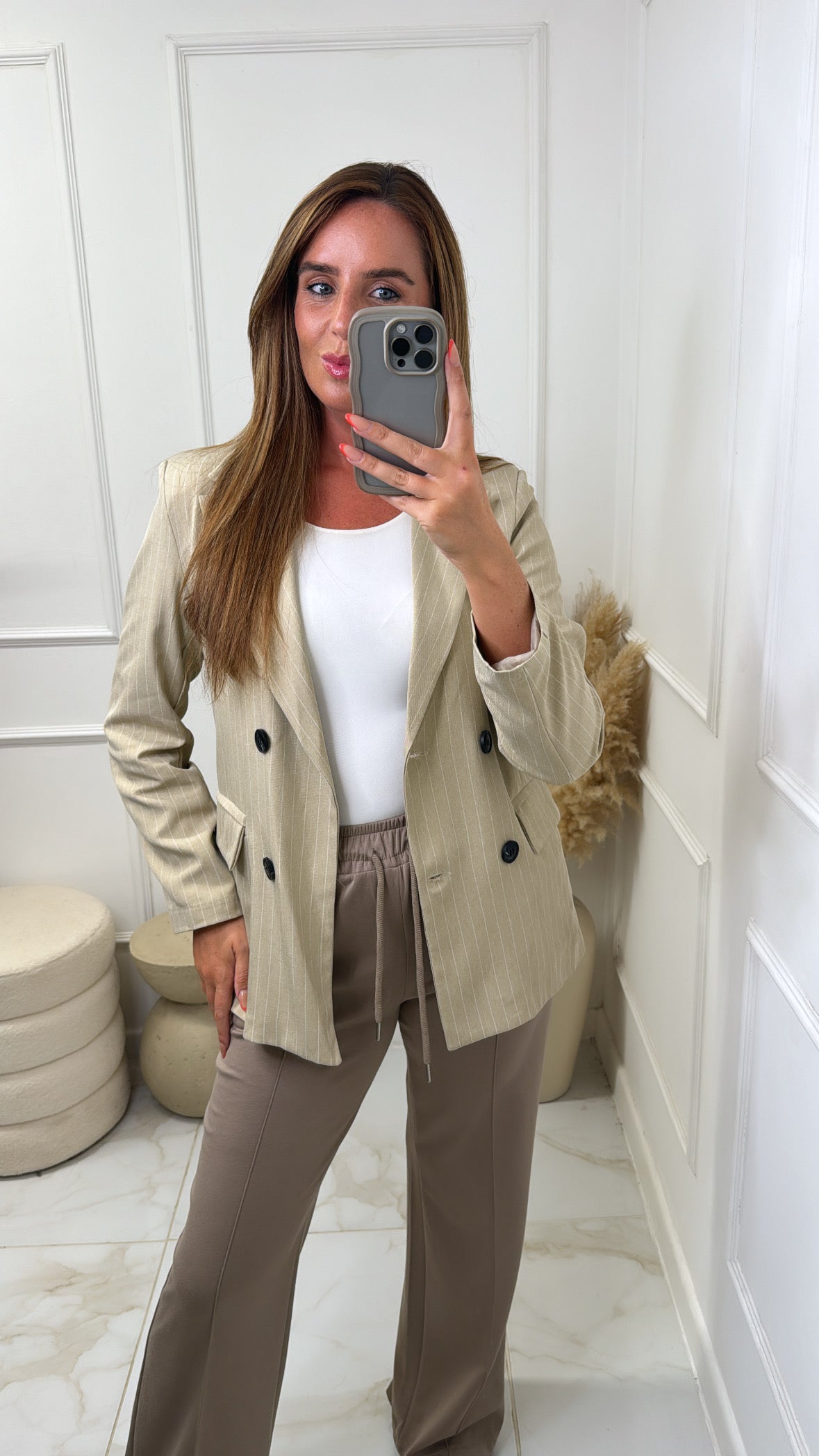 SINEAD beige pinstripe longline blazer