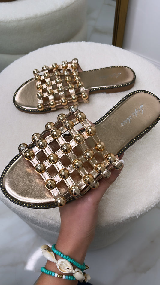 GEMMA rose gold studded caged sandals