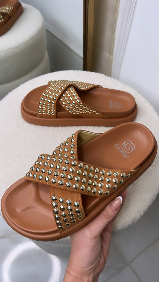 MILLIE camel studded platform sandals