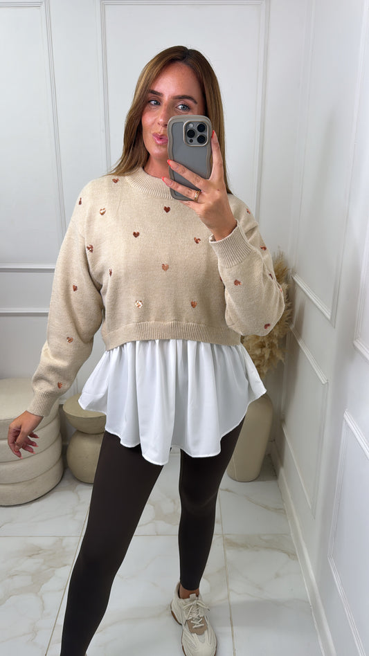 KATIE beige heart detail jumper shirt