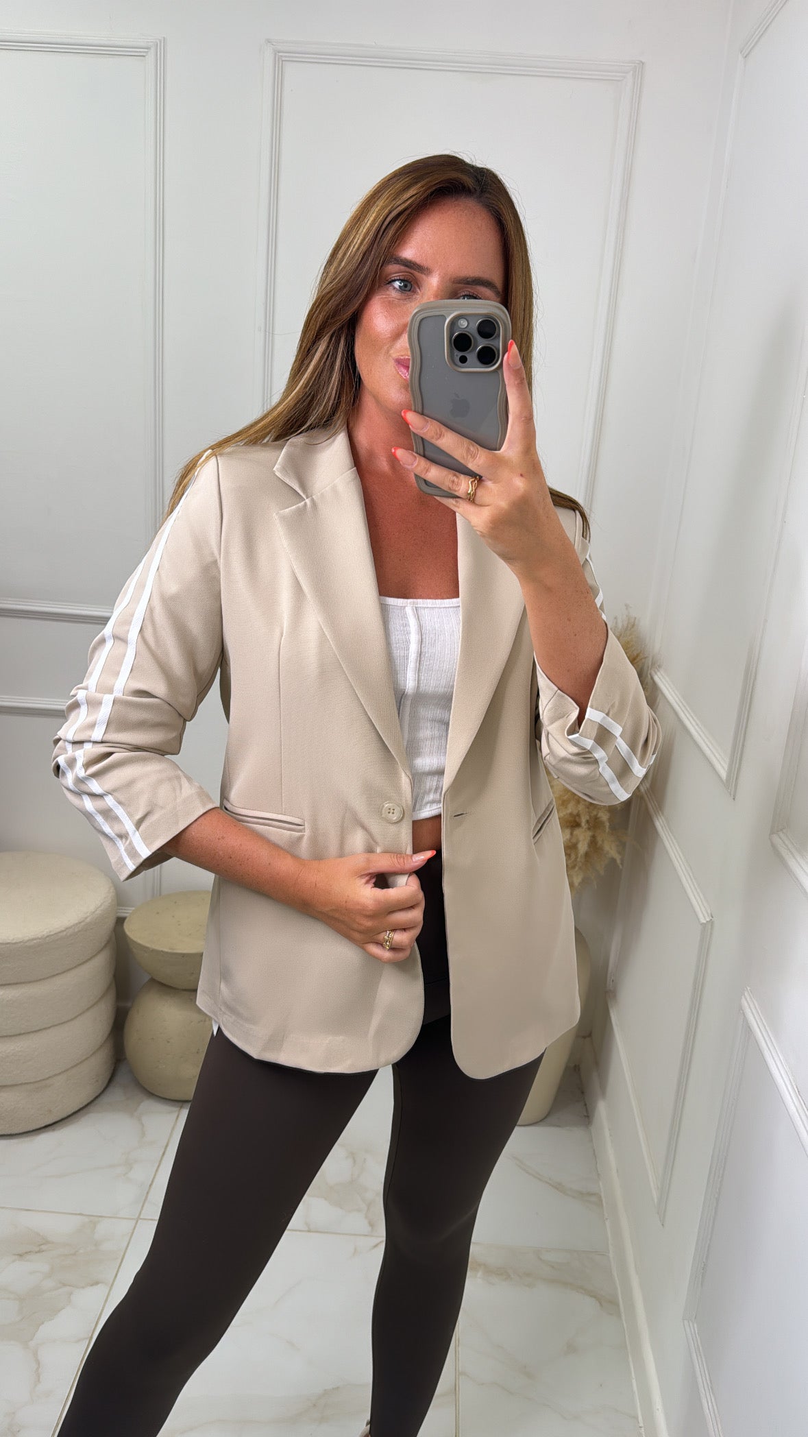 ELISE beige contrast stripe ruched blazer