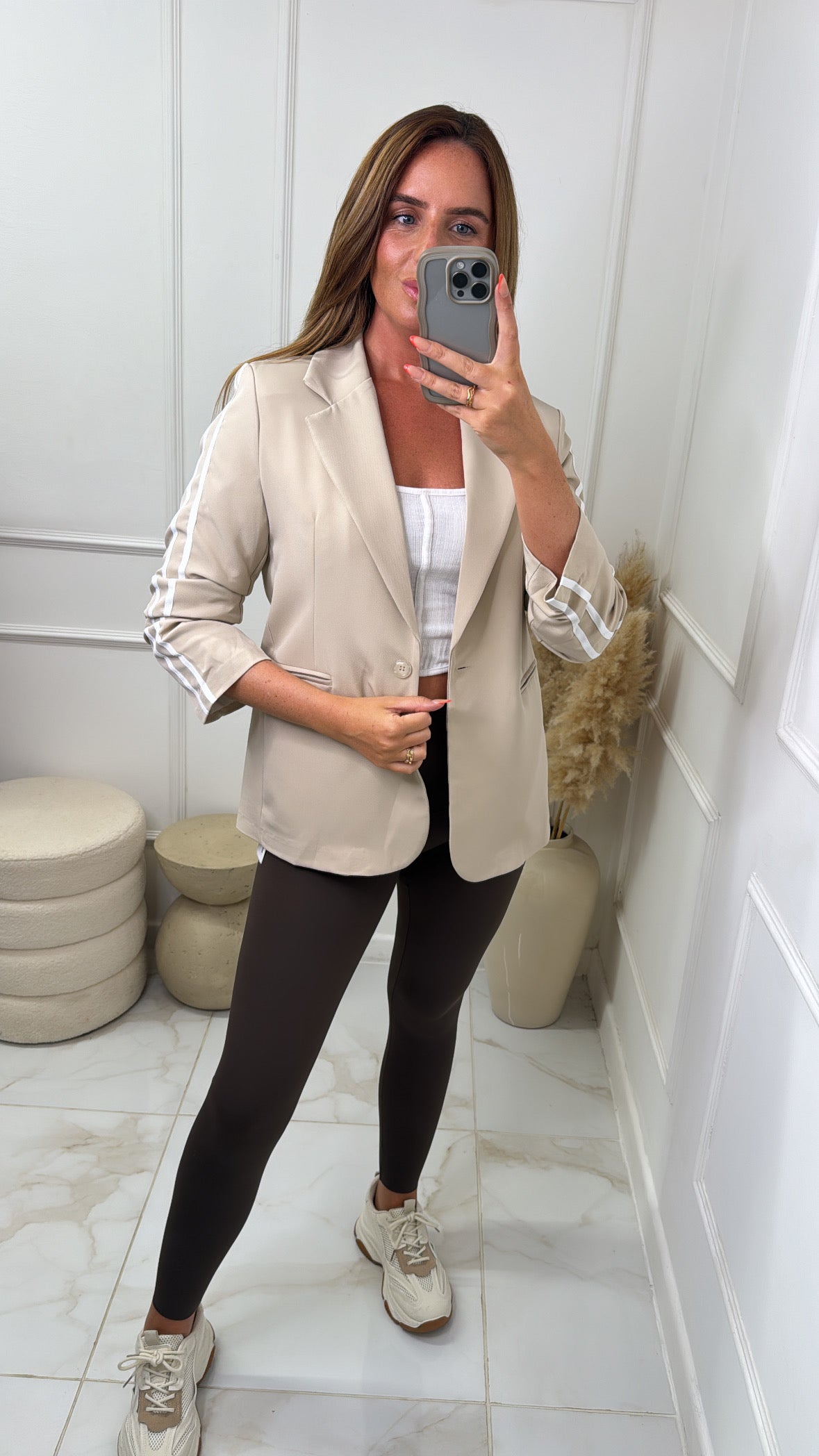 ELISE beige contrast stripe ruched blazer