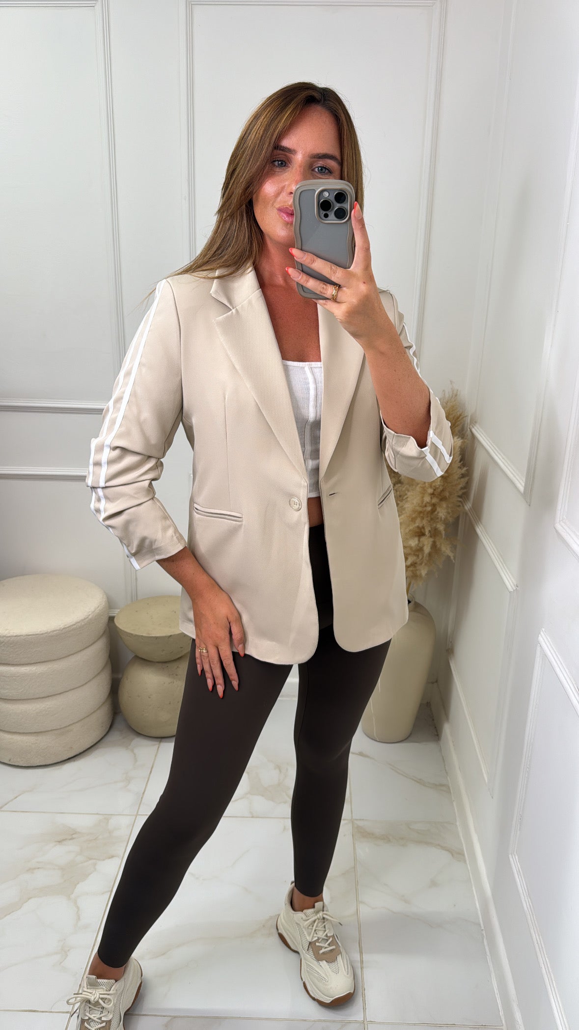 ELISE beige contrast stripe ruched blazer