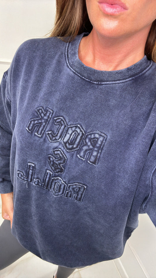 DANA navy rock n roll acid wash sweater