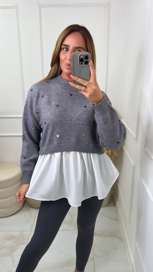 KATIE grey heart detail jumper shirt