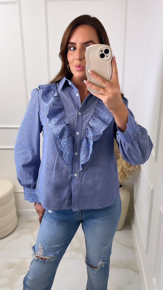 SARA blue pinstripe embroidered shirt