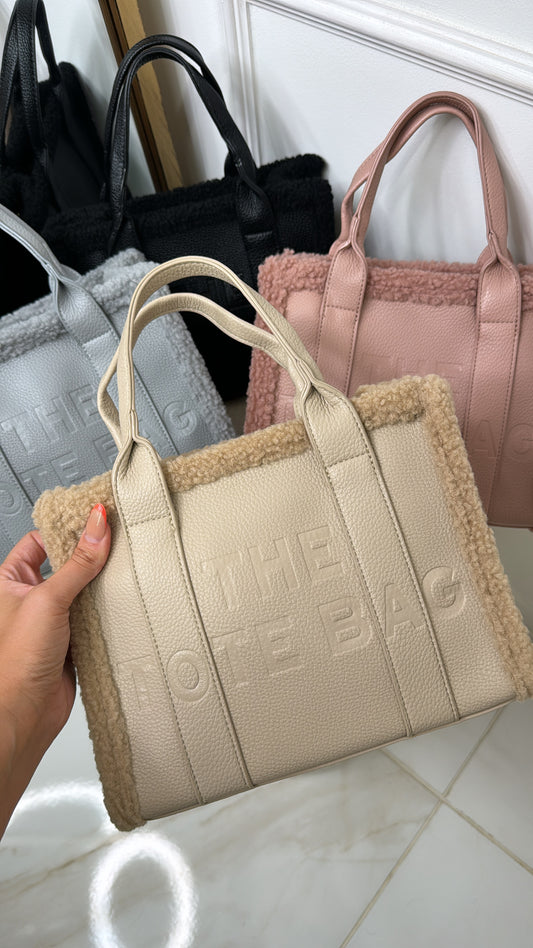 JAZ beige borg lined mini tote bag