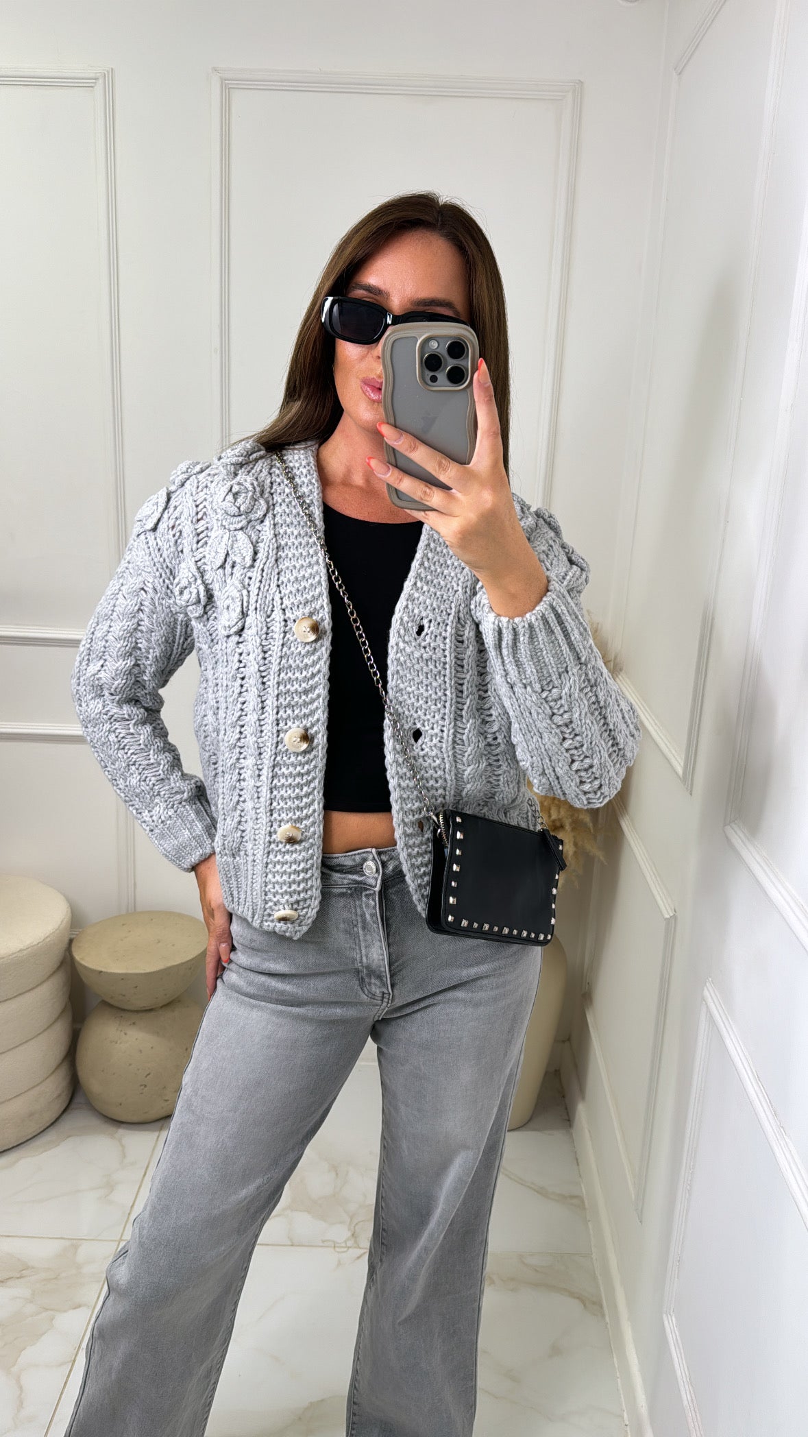 NIAMH grey flower chunky knit cardigan