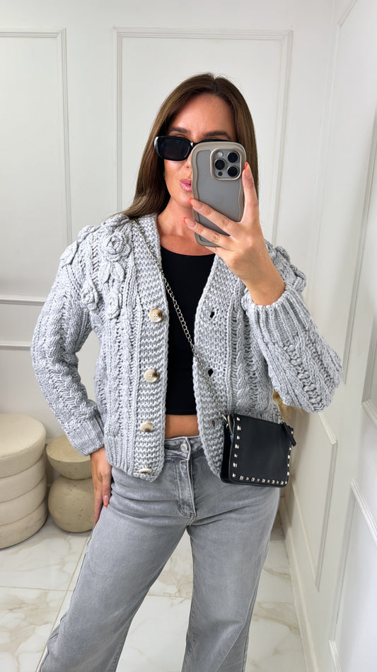 NIAMH grey flower chunky knit cardigan