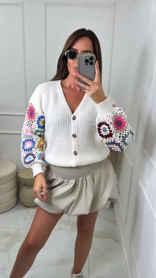 MINA cream crochet coloured sleeve cardigan