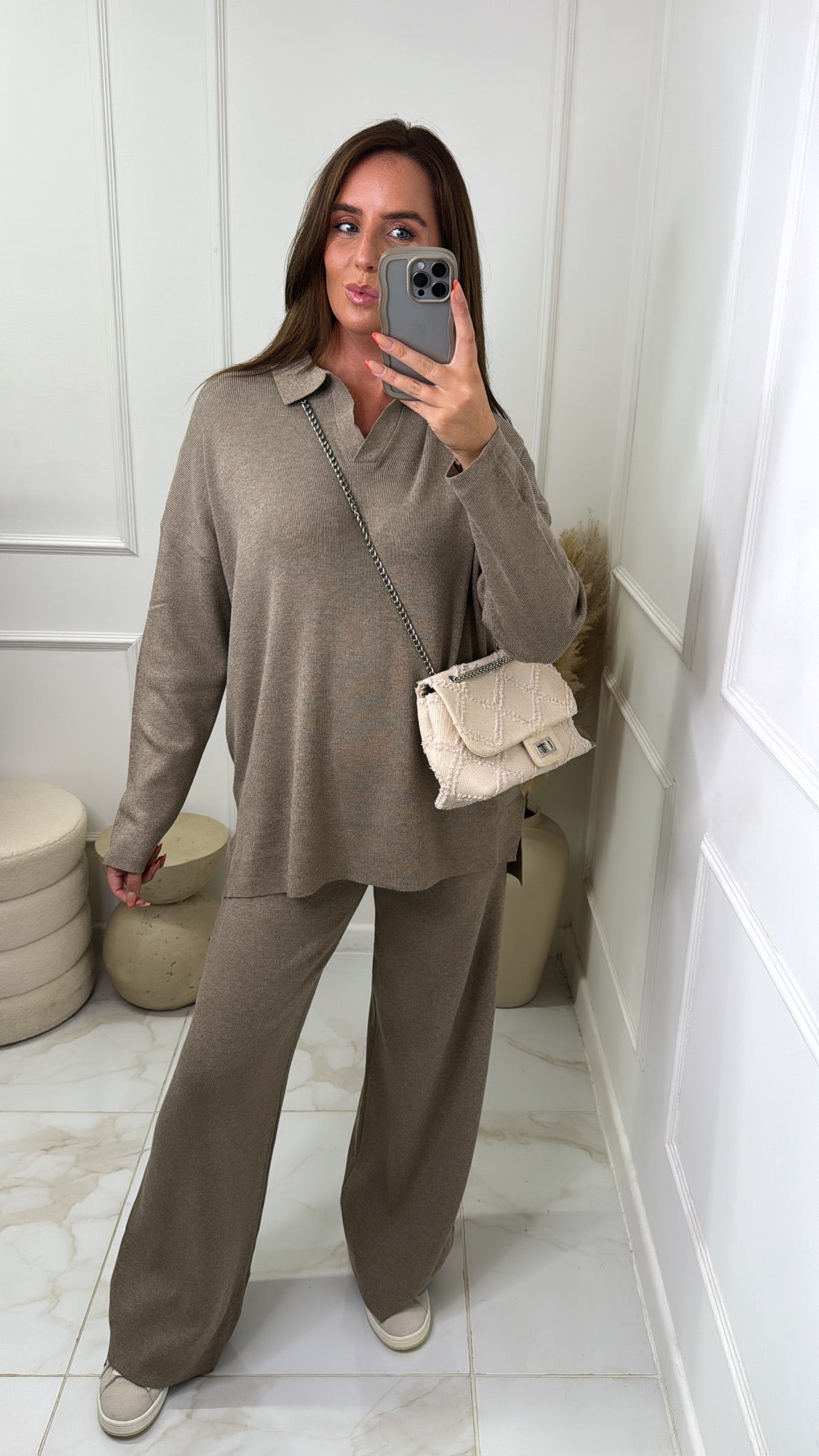 LEAH taupe collared lounge set