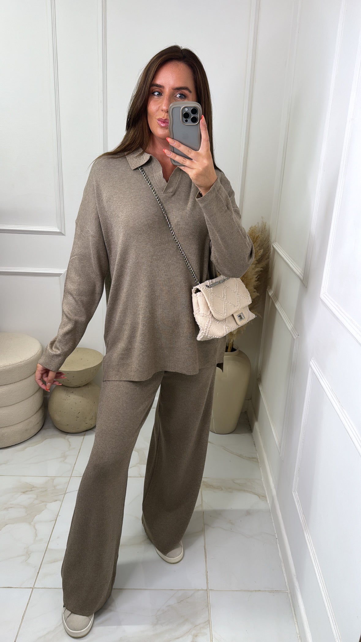 LEAH taupe collared lounge set