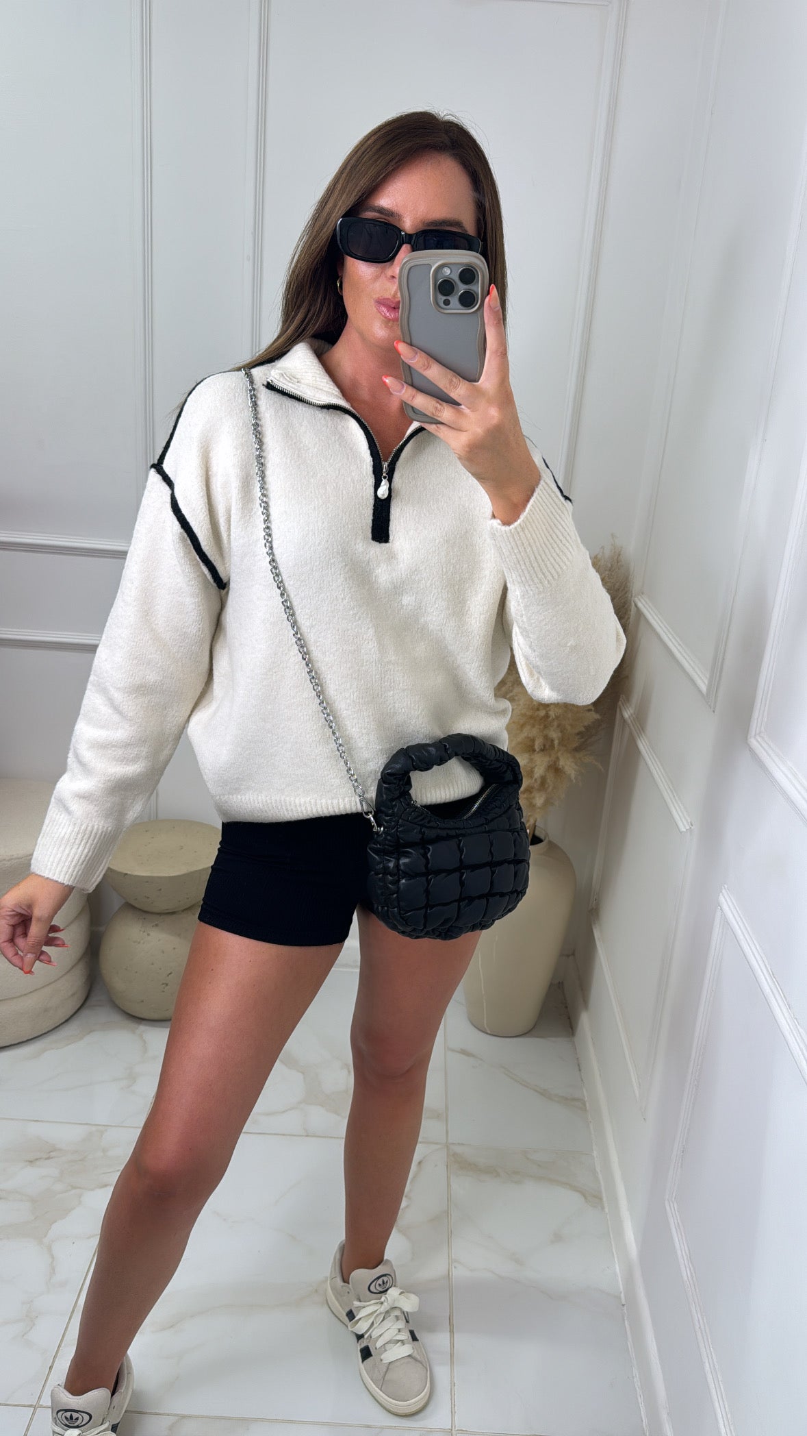 ABIGAIL cream piping half zip sweater