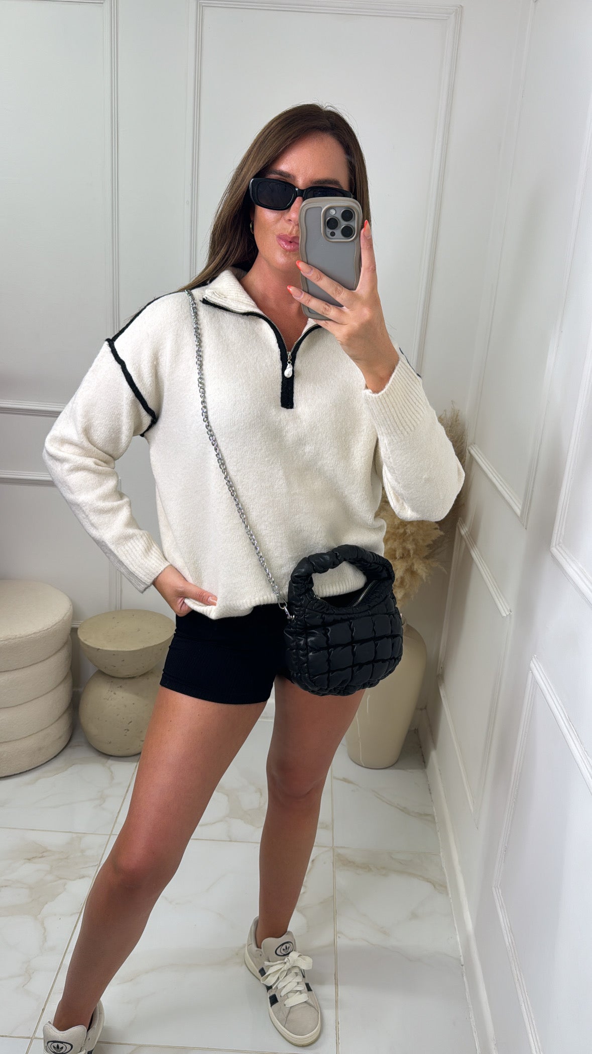 ABIGAIL cream piping half zip sweater