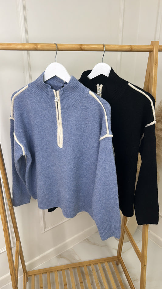 ABIGAIL blue piping half zip sweater